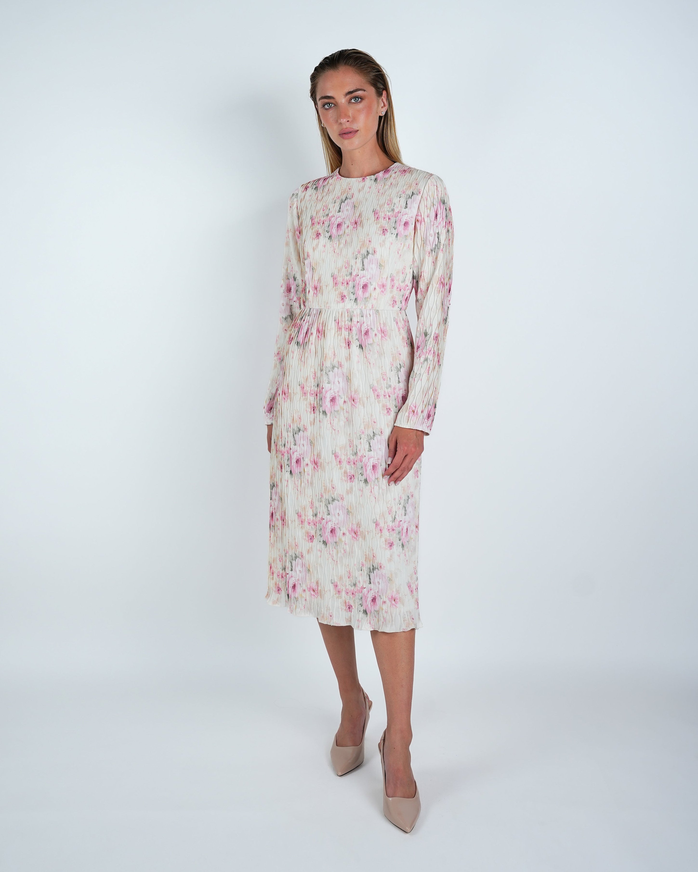 Plisse Floral Midi Sheath Dress