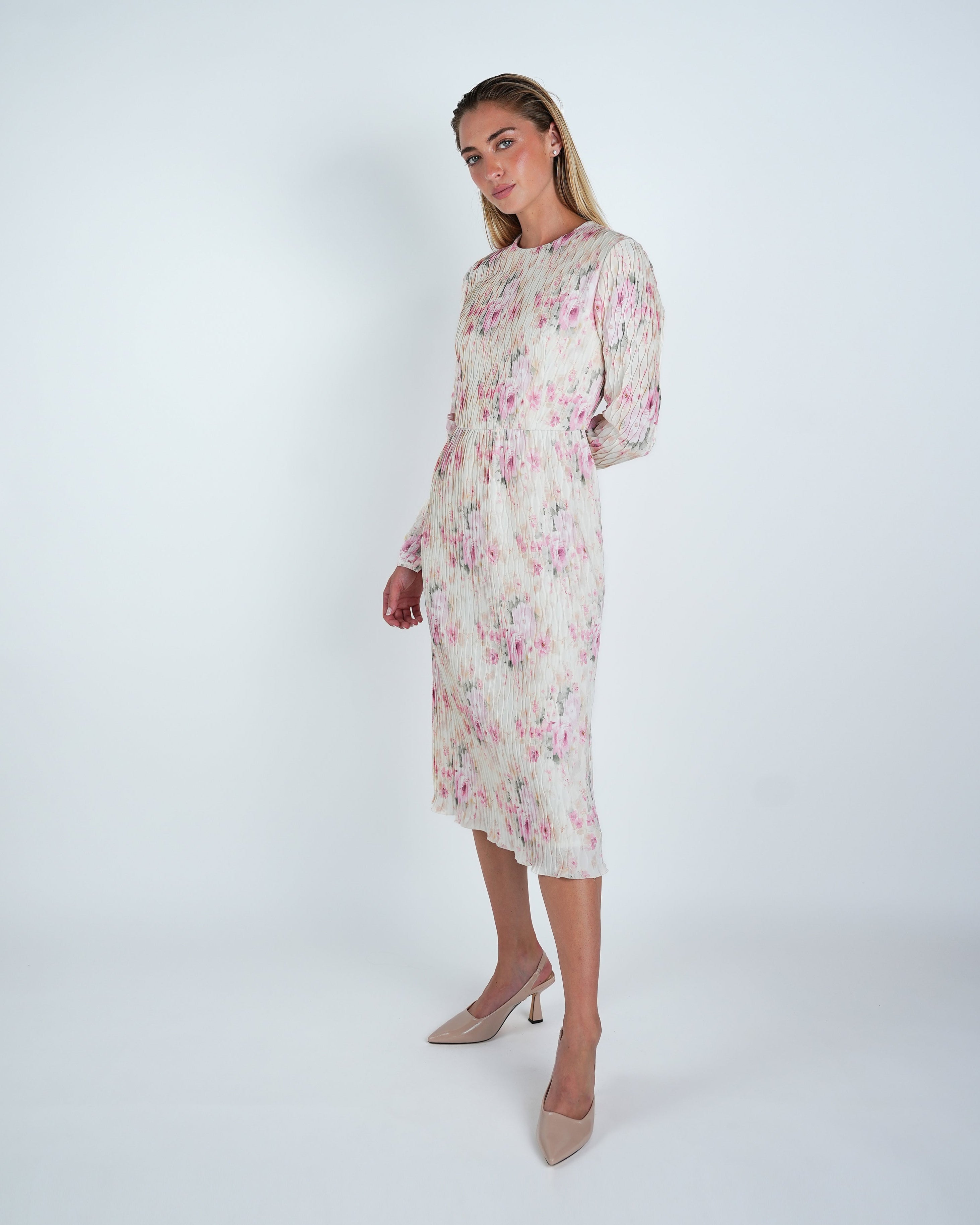 Plisse Floral Midi Sheath Dress