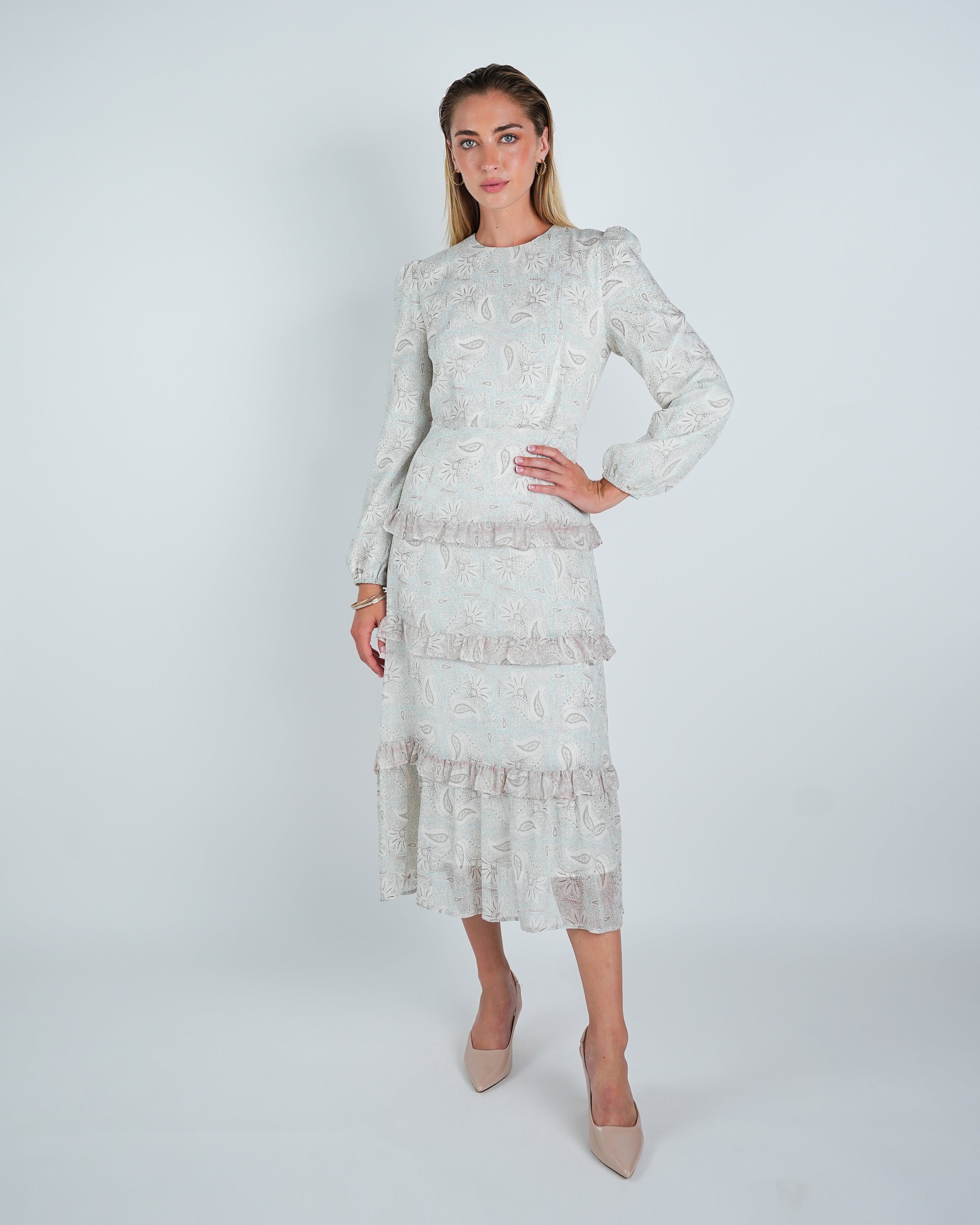 Chiffon Lurex Stripe Paisley Tiered Midi Dress