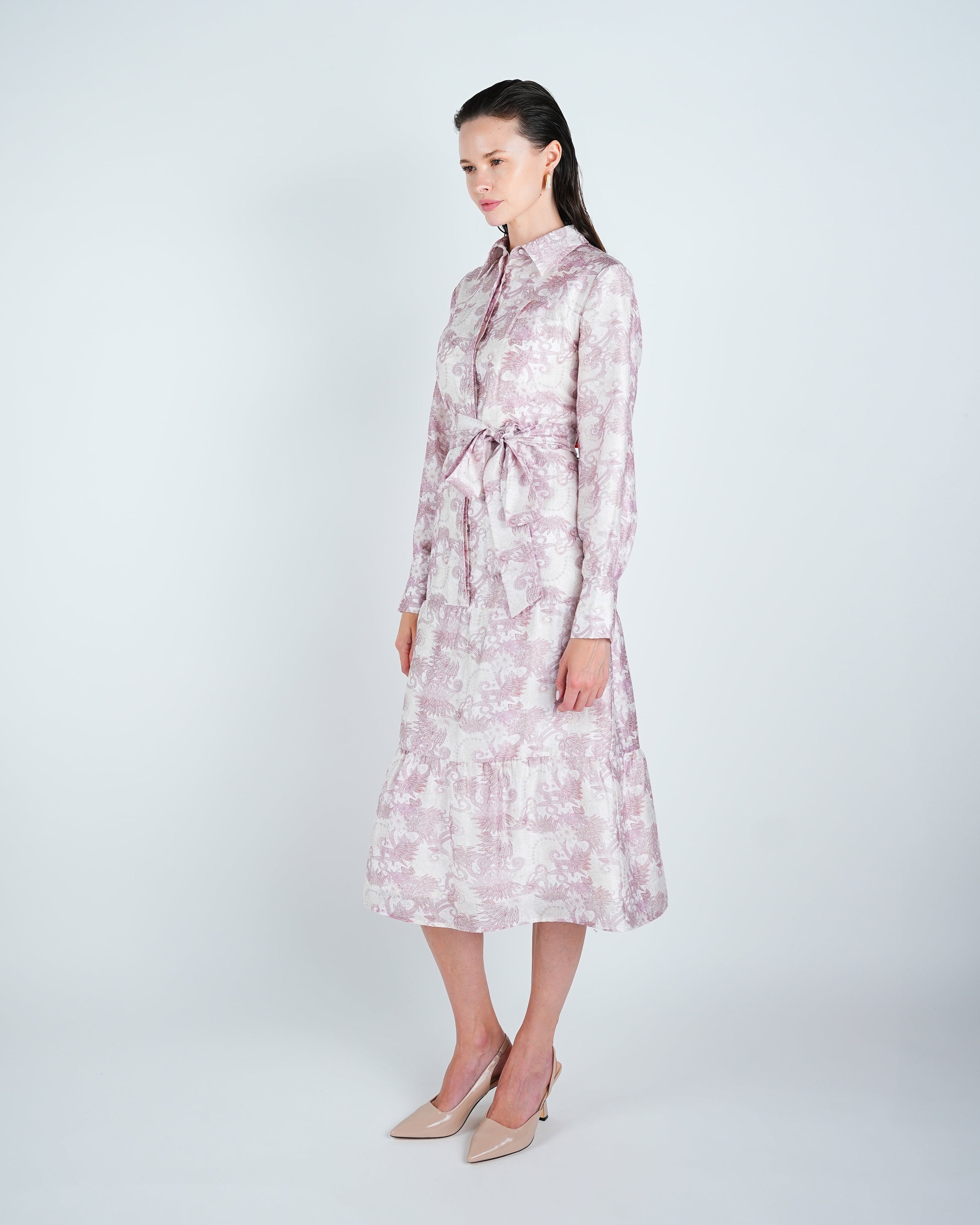 Abstract Belted Tiered Shirt Dress