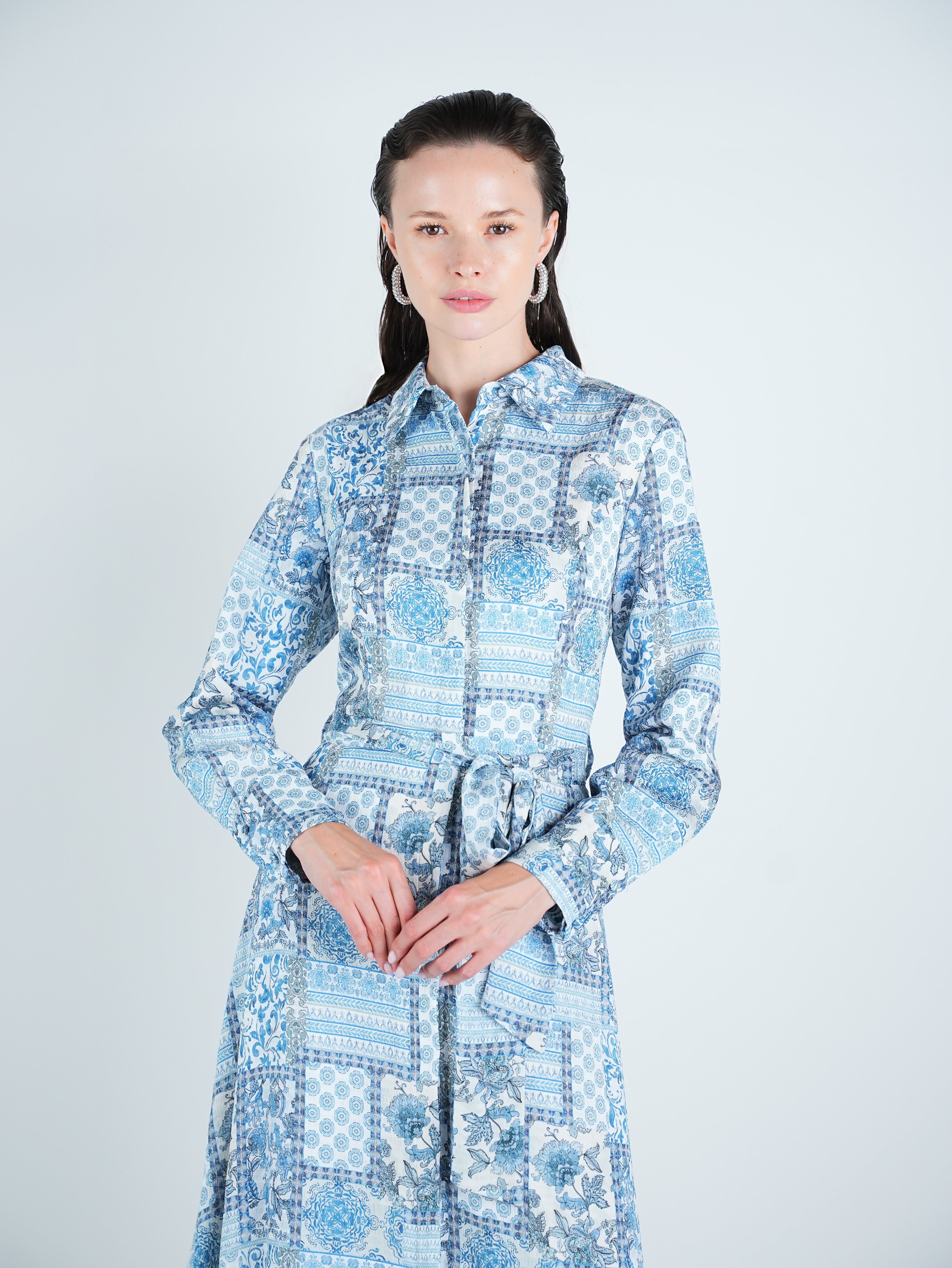 Georgette Patchwork Belted Shirt Dress