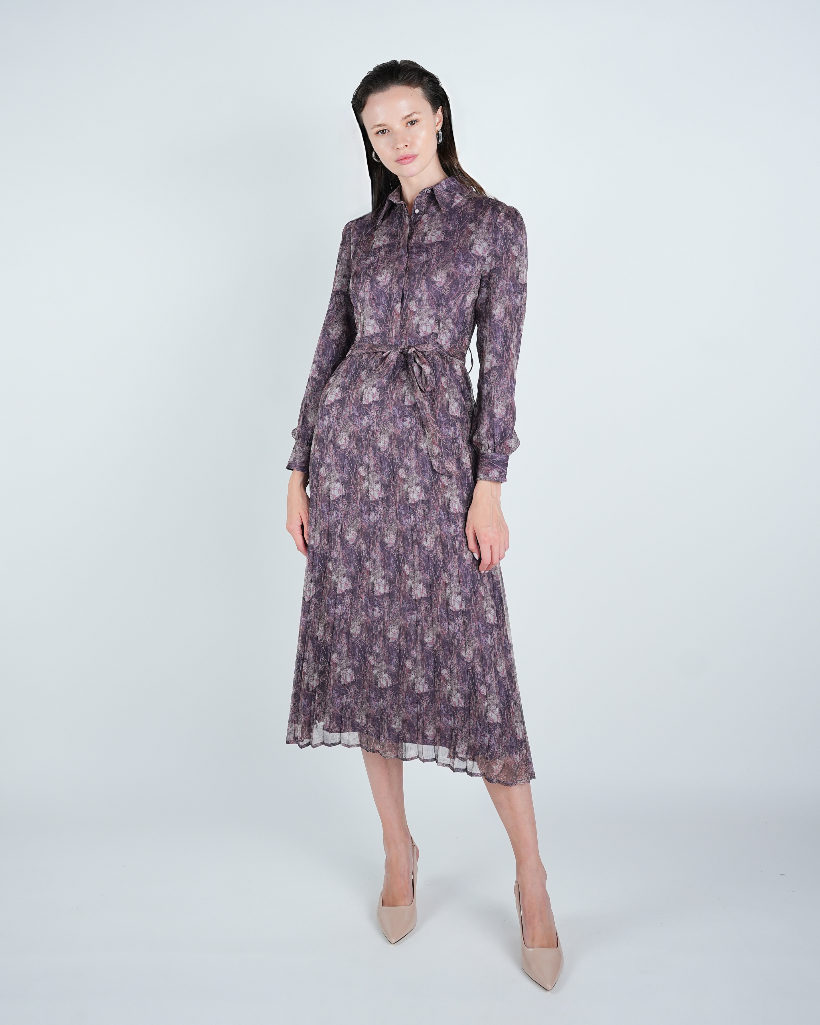 Chiffon Printed Pleated Midi Shirt Dress