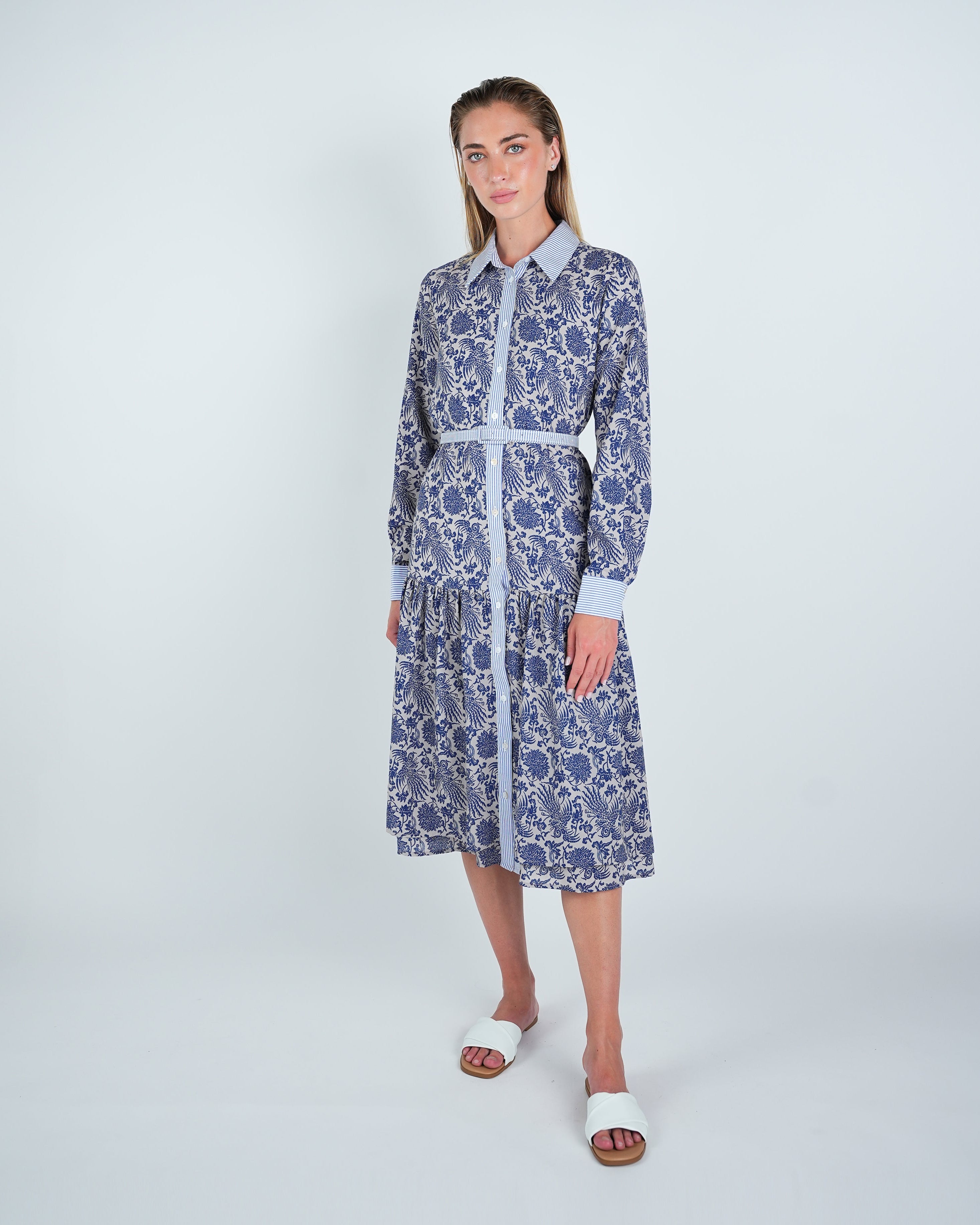 Chiffon Abstract Belted Tiered Shirt Dress