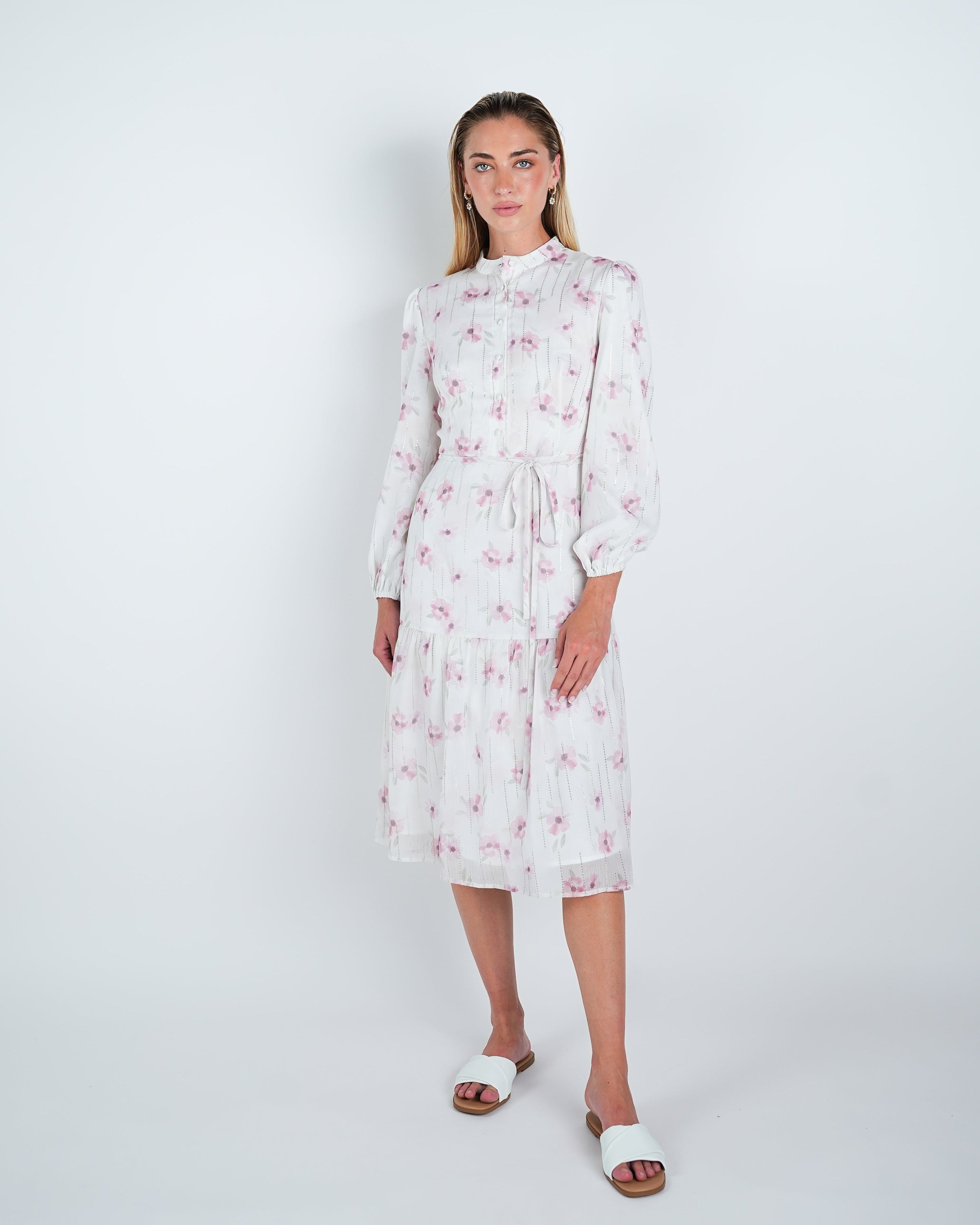 Chiffon Floral Lurex Detail Midi Dress