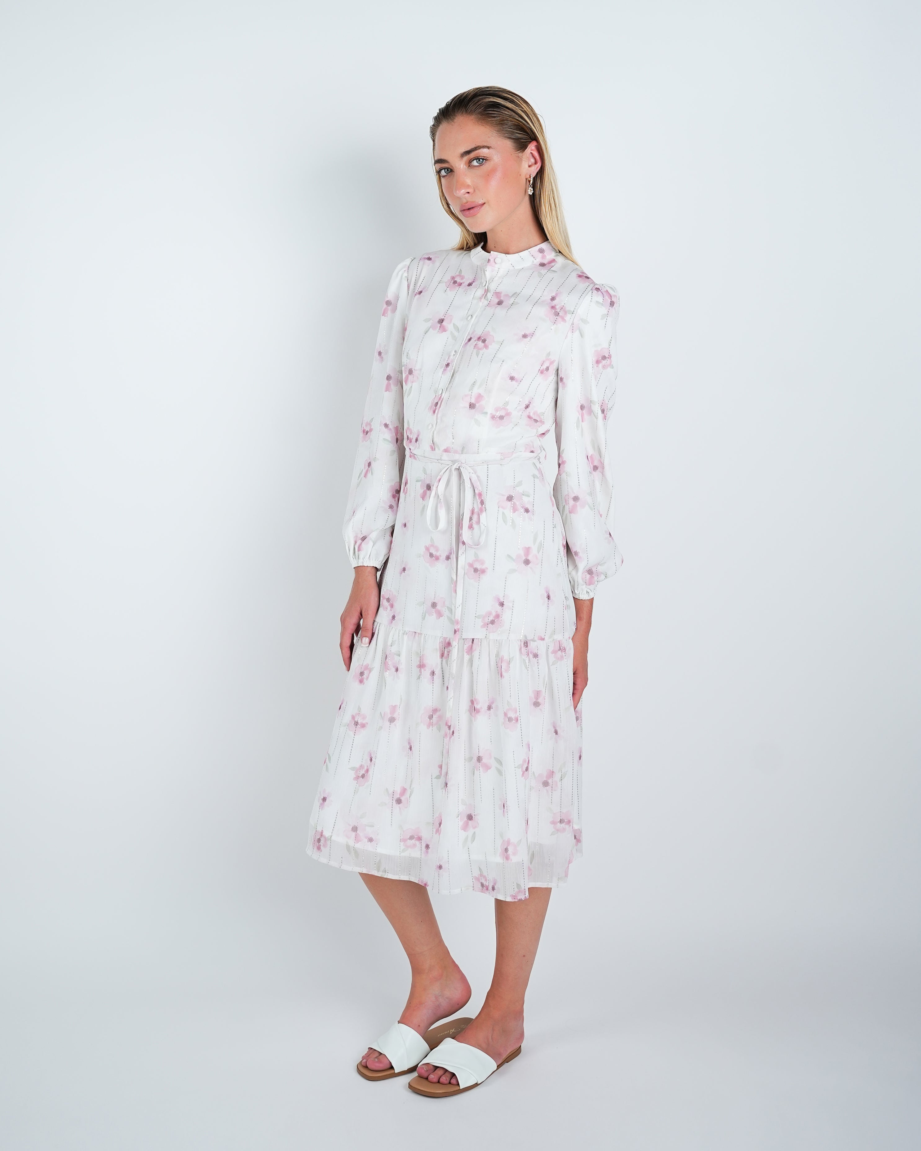 Chiffon Floral Lurex Detail Midi Dress