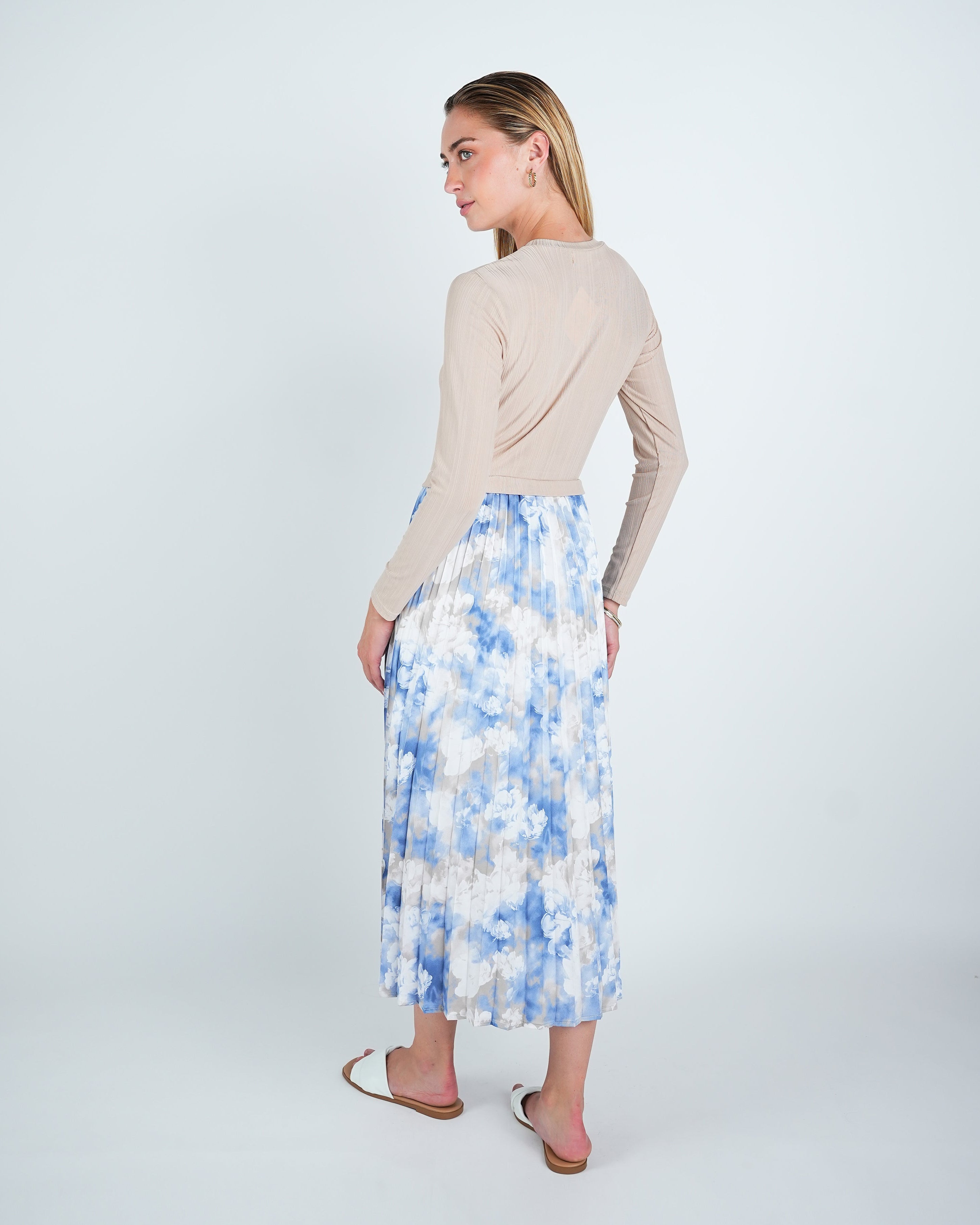 Two Tone Stretch Pleated Midi Dress