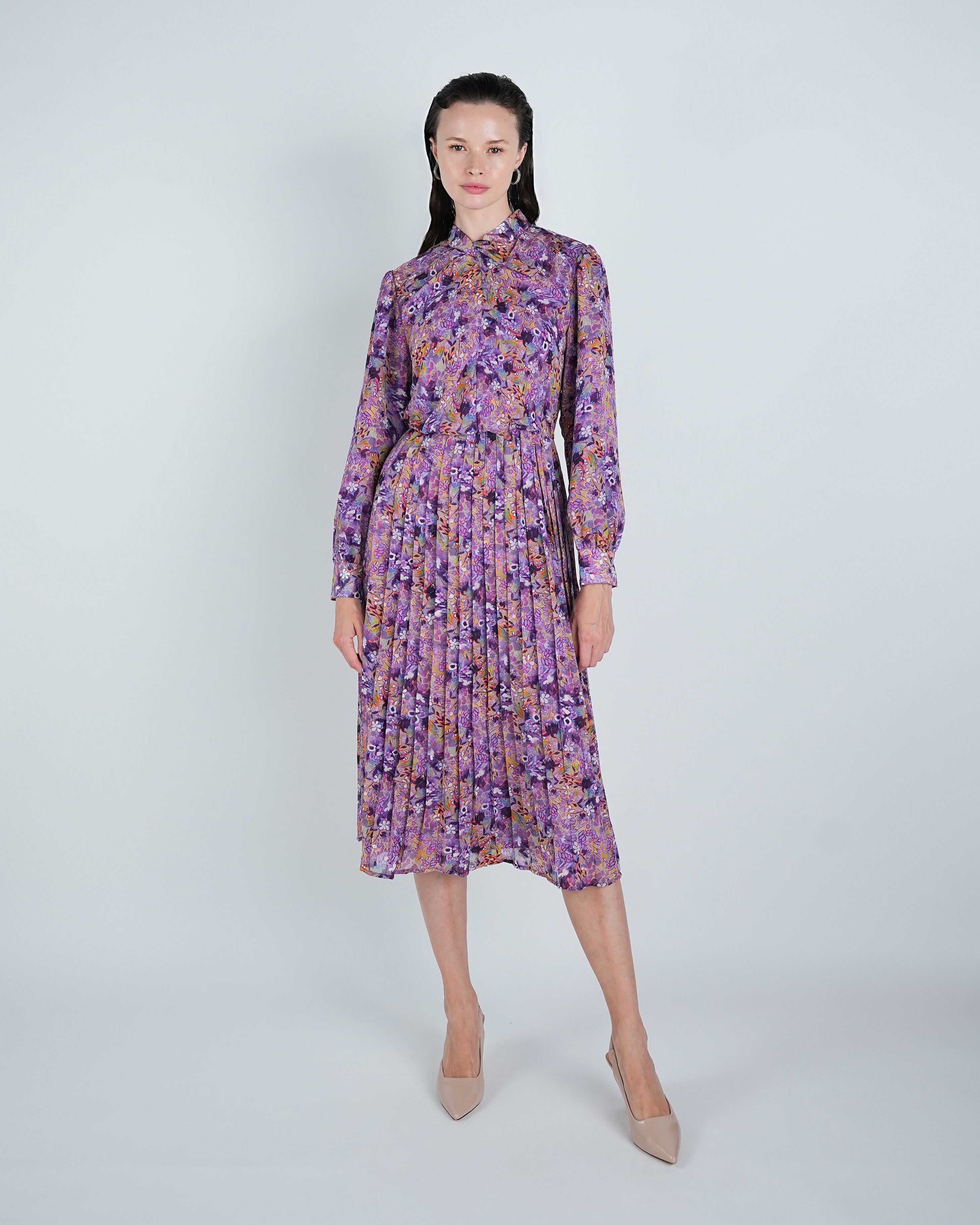 Chiffon Floral Tie Neck Pleated Midi Dress