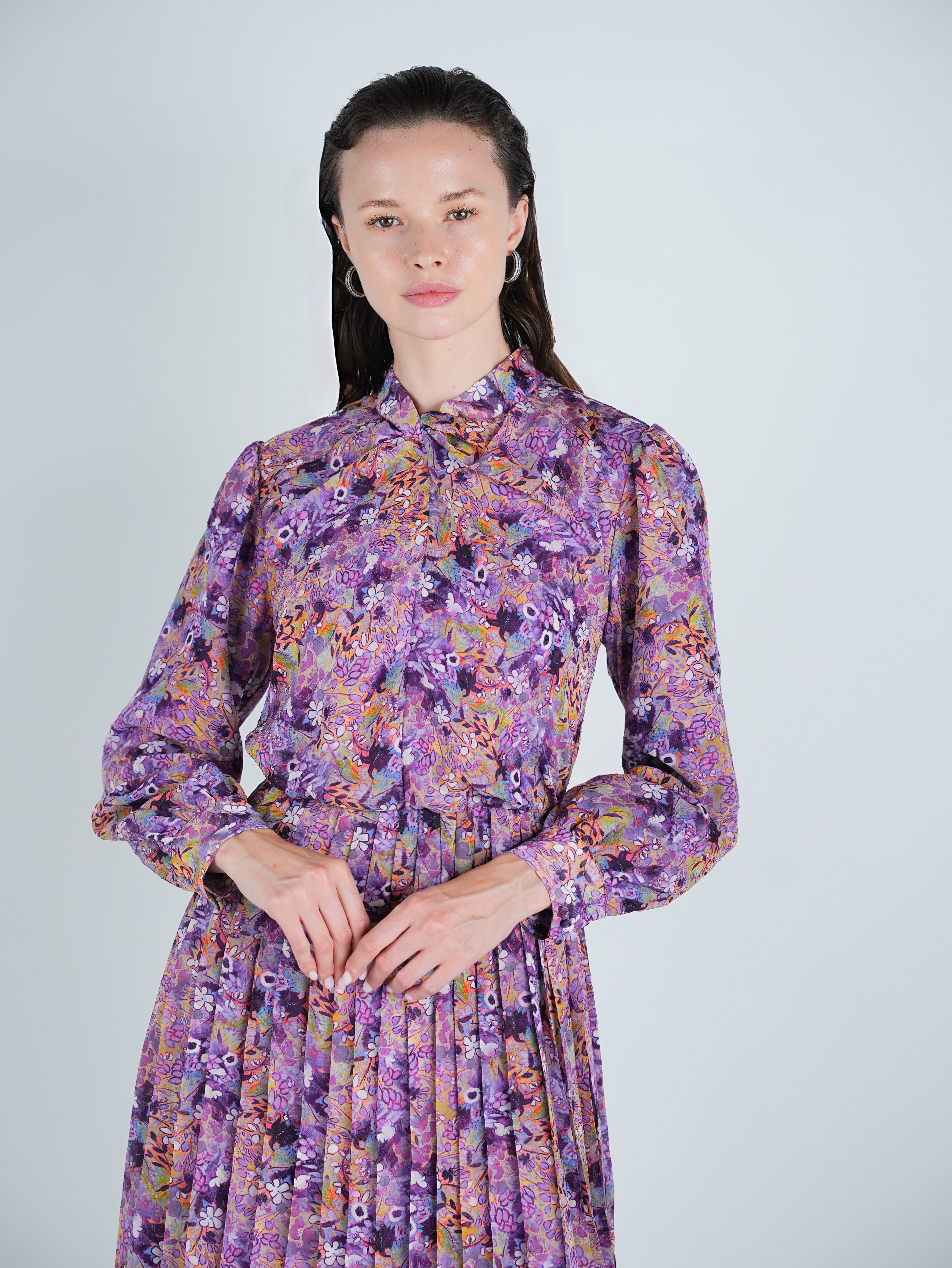 Chiffon Floral Tie Neck Pleated Midi Dress