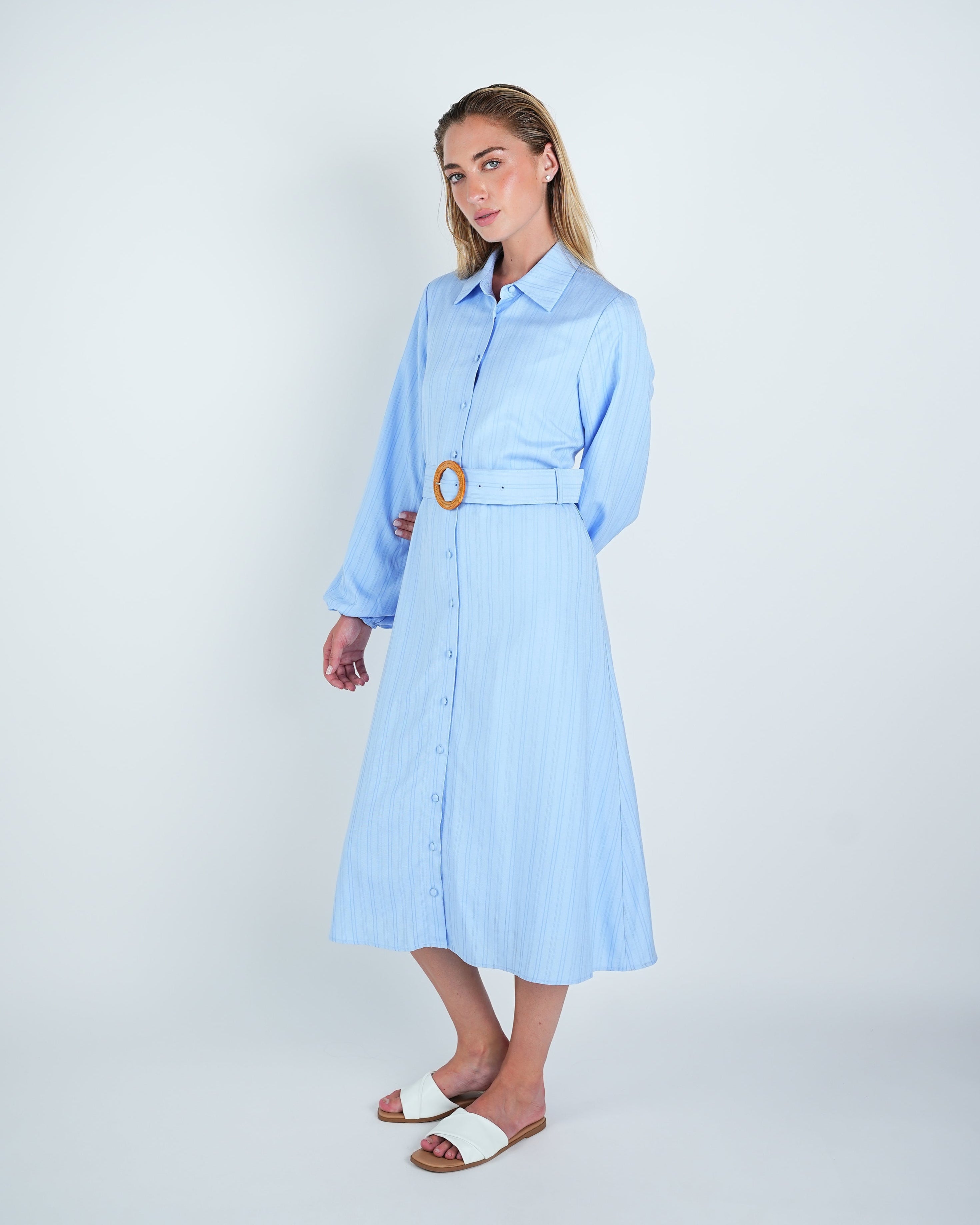 Striped Buttoned Belted Midi Dress