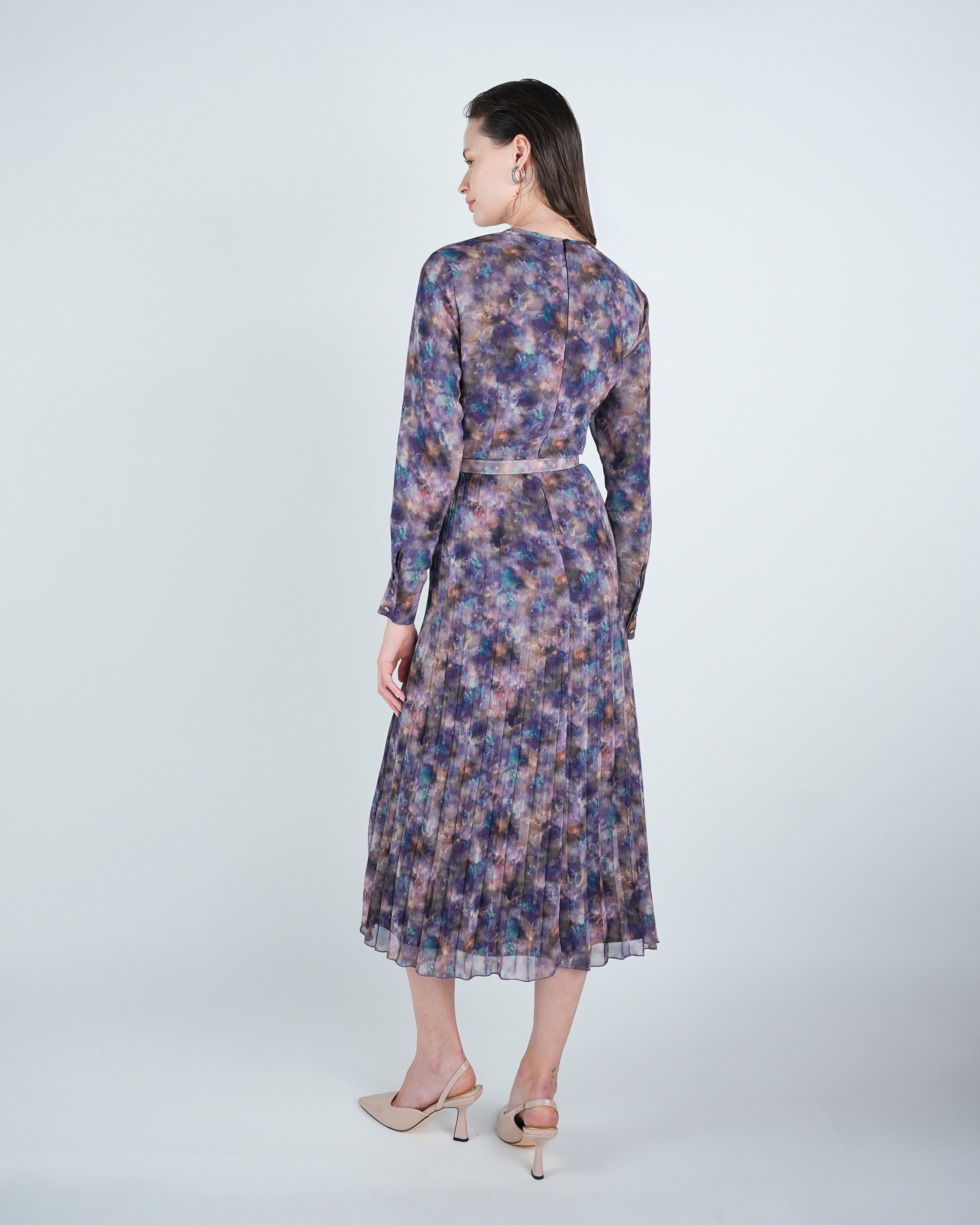 Chiffon Water Color Pleated Midi Dress