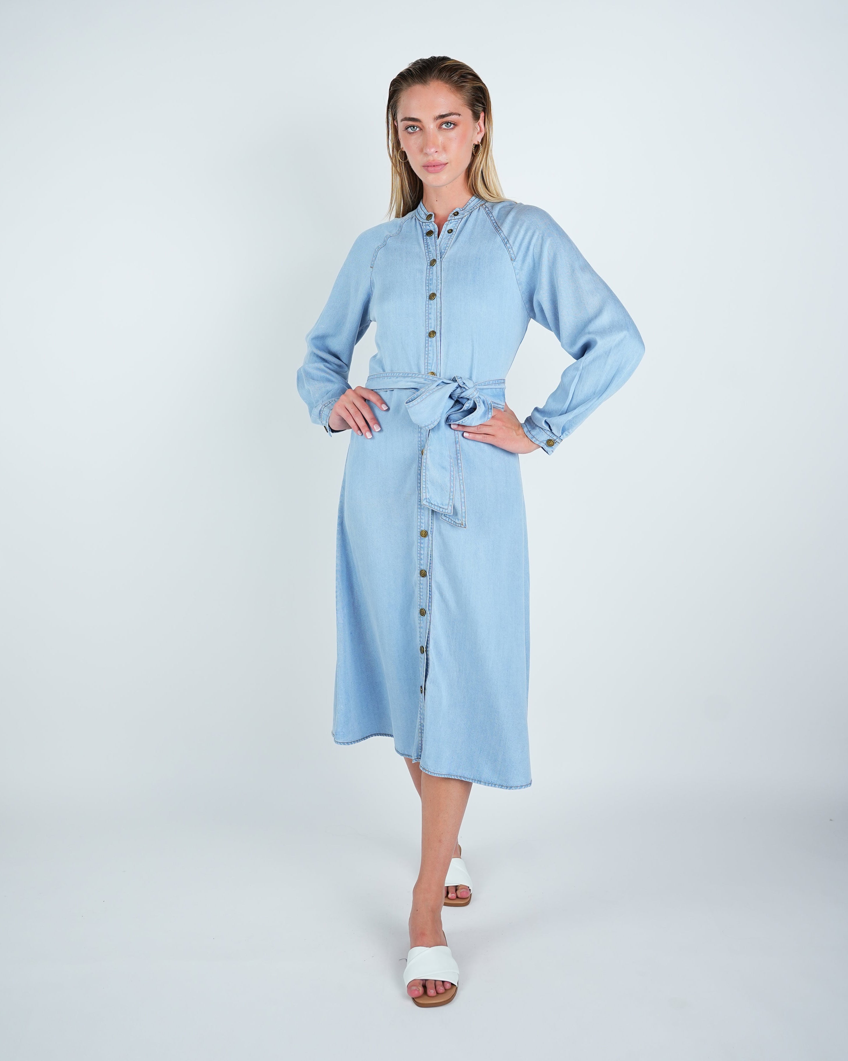 Denim Look Buttoned Belted Midi Dress