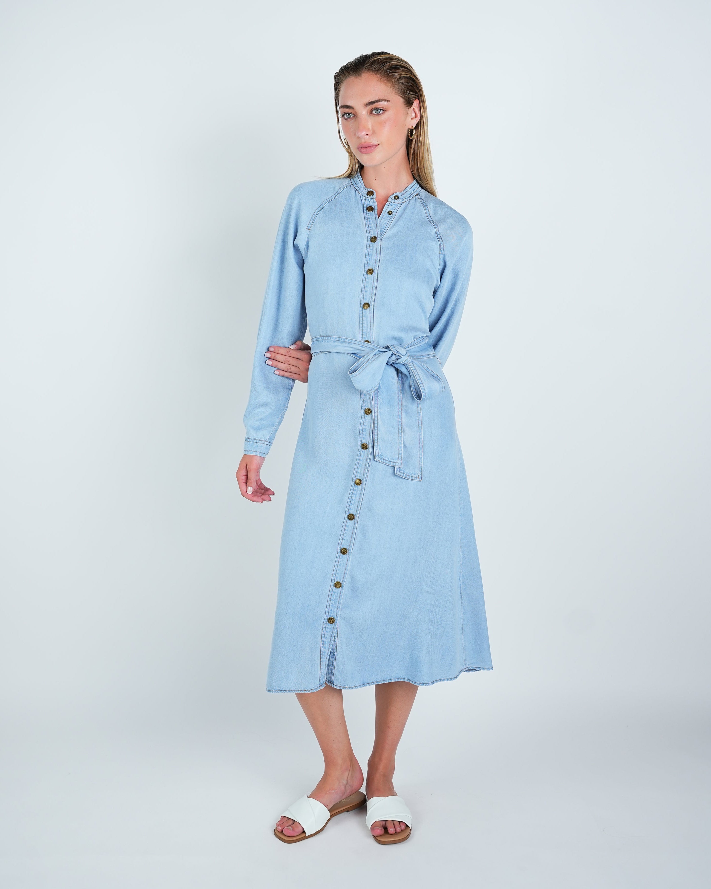 Denim Look Buttoned Belted Midi Dress