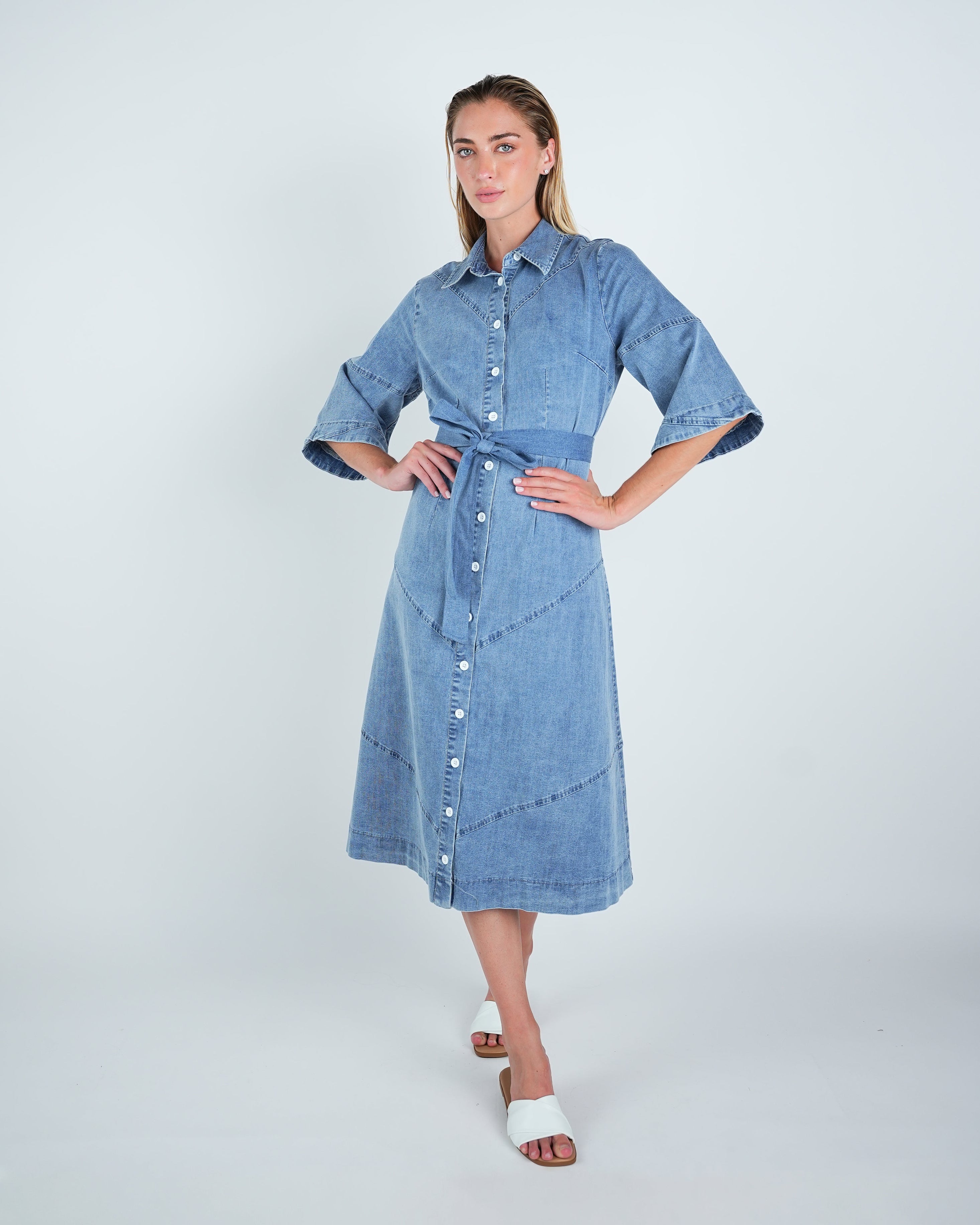 Denim Panel Belted Midi Dress