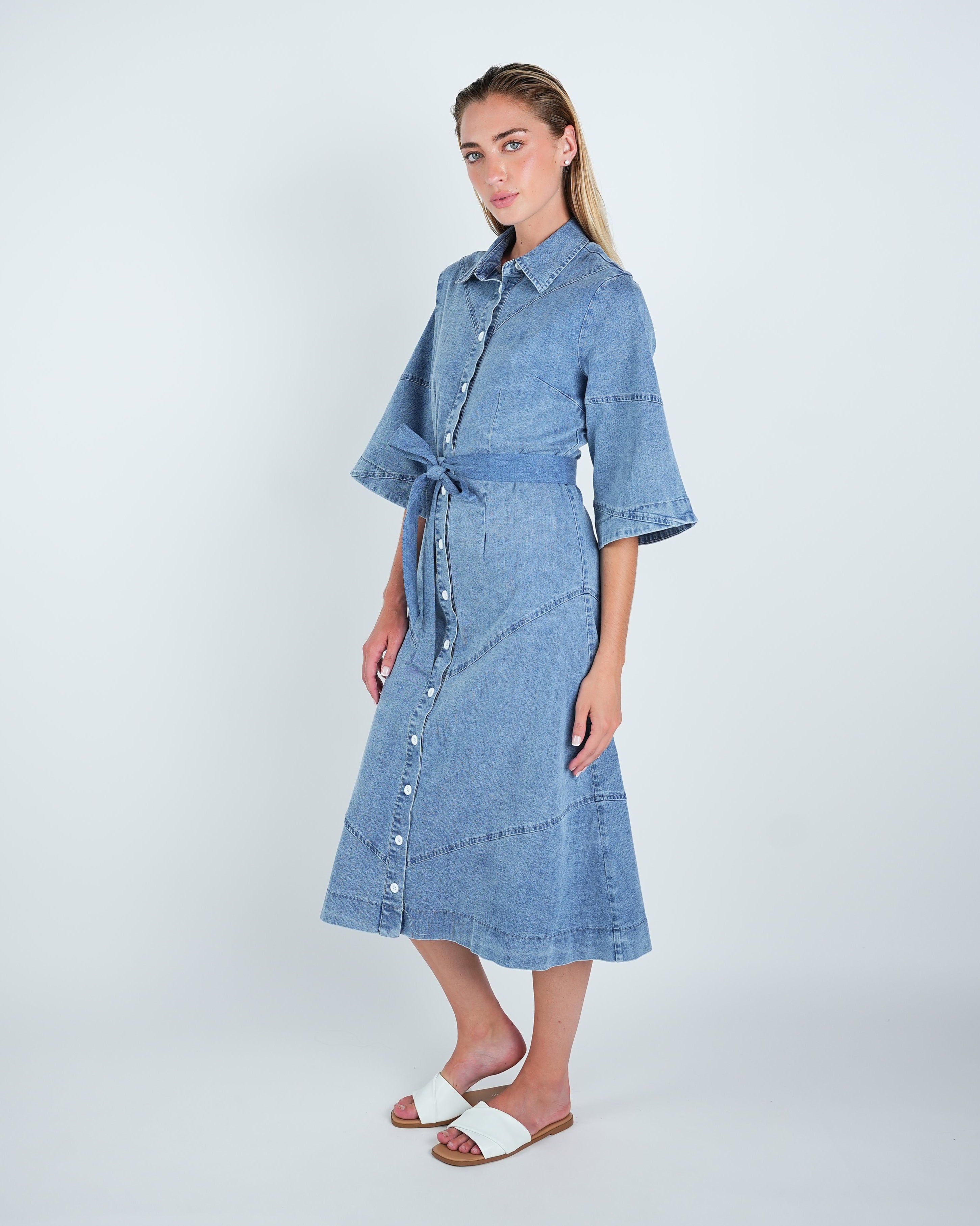 Denim Panel Belted Midi Dress