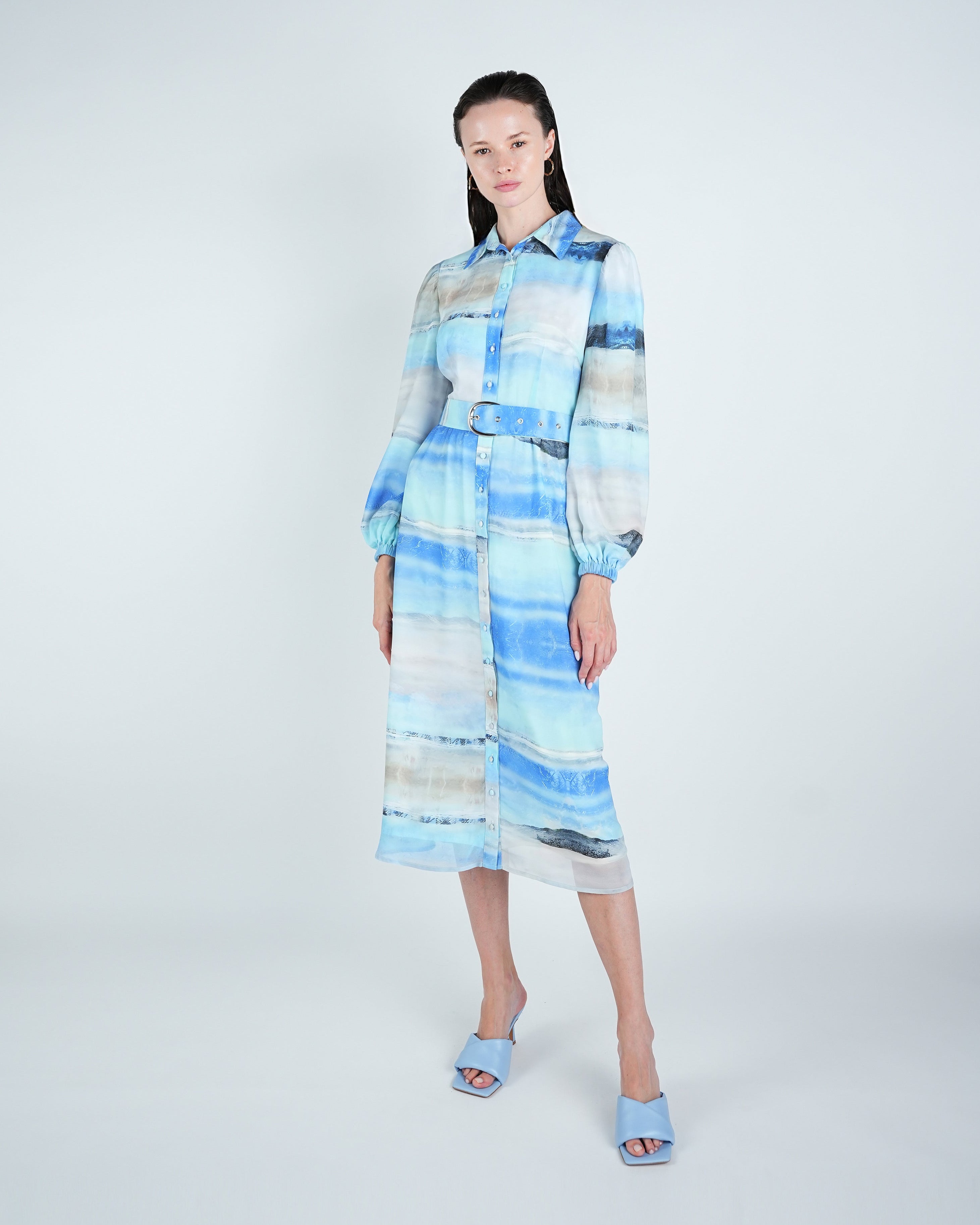 Chiffon Abstract Wave Belted Shirt Dress