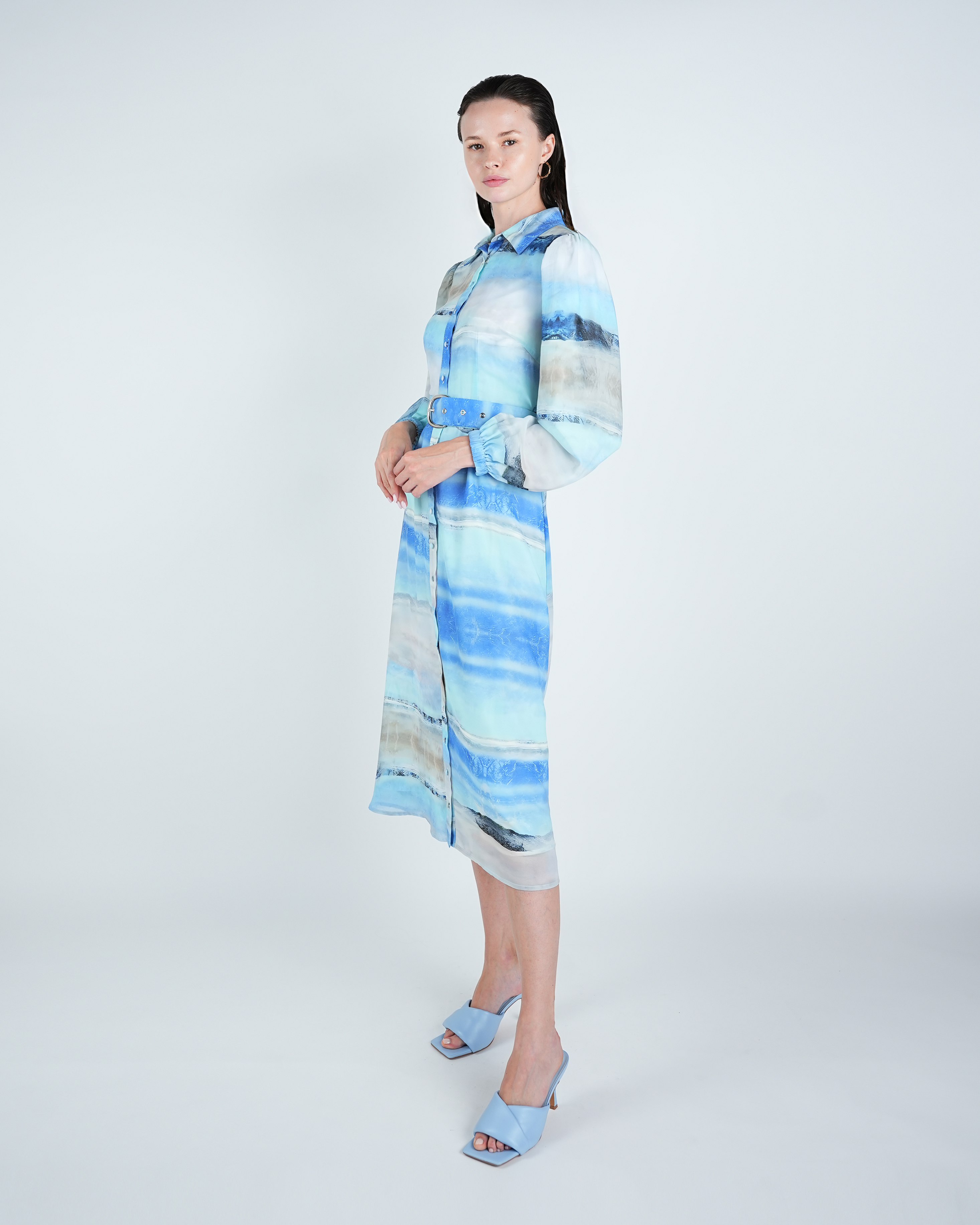 Chiffon Abstract Wave Belted Shirt Dress