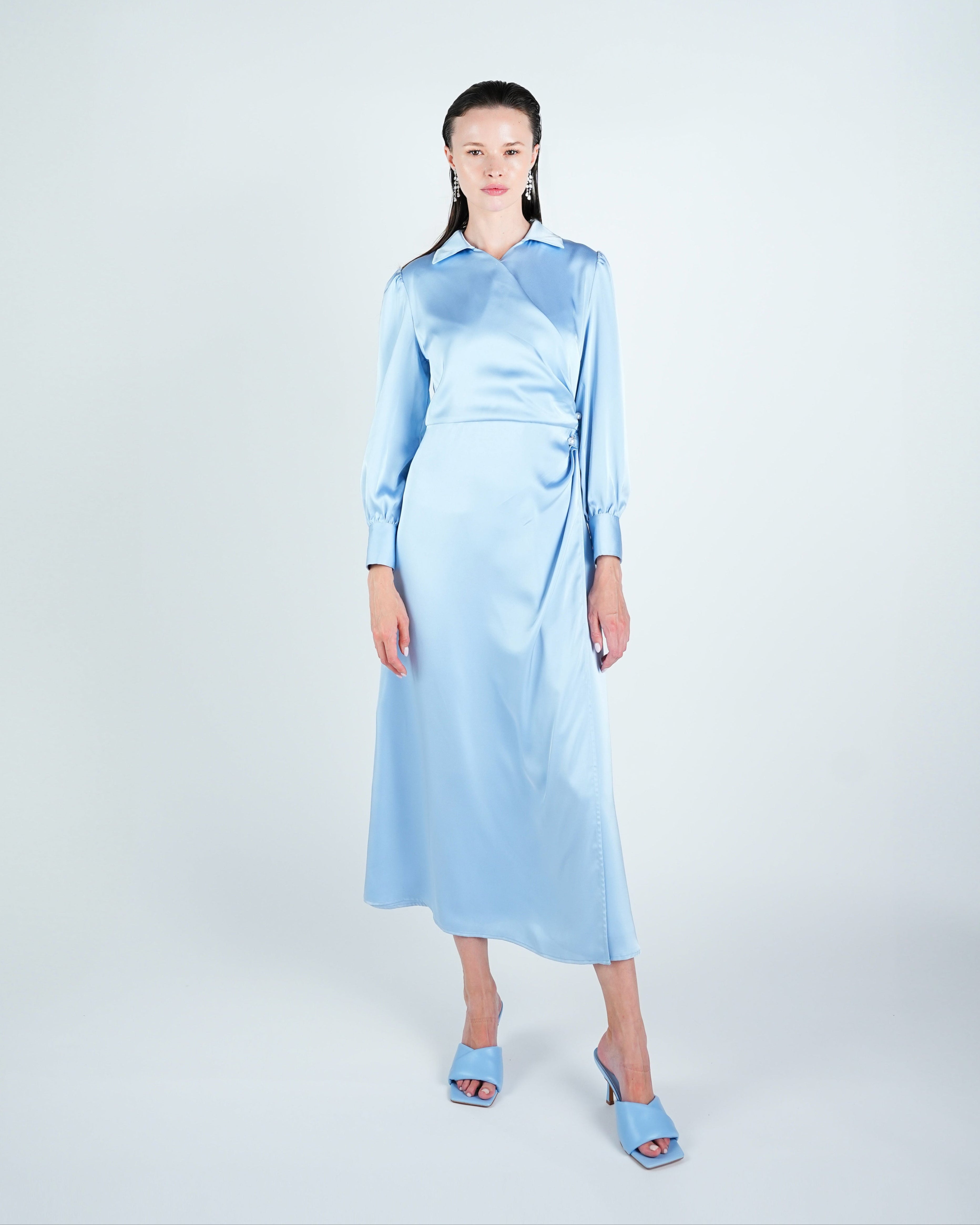 Satin Wrap Pearl Detail Maxi Dress