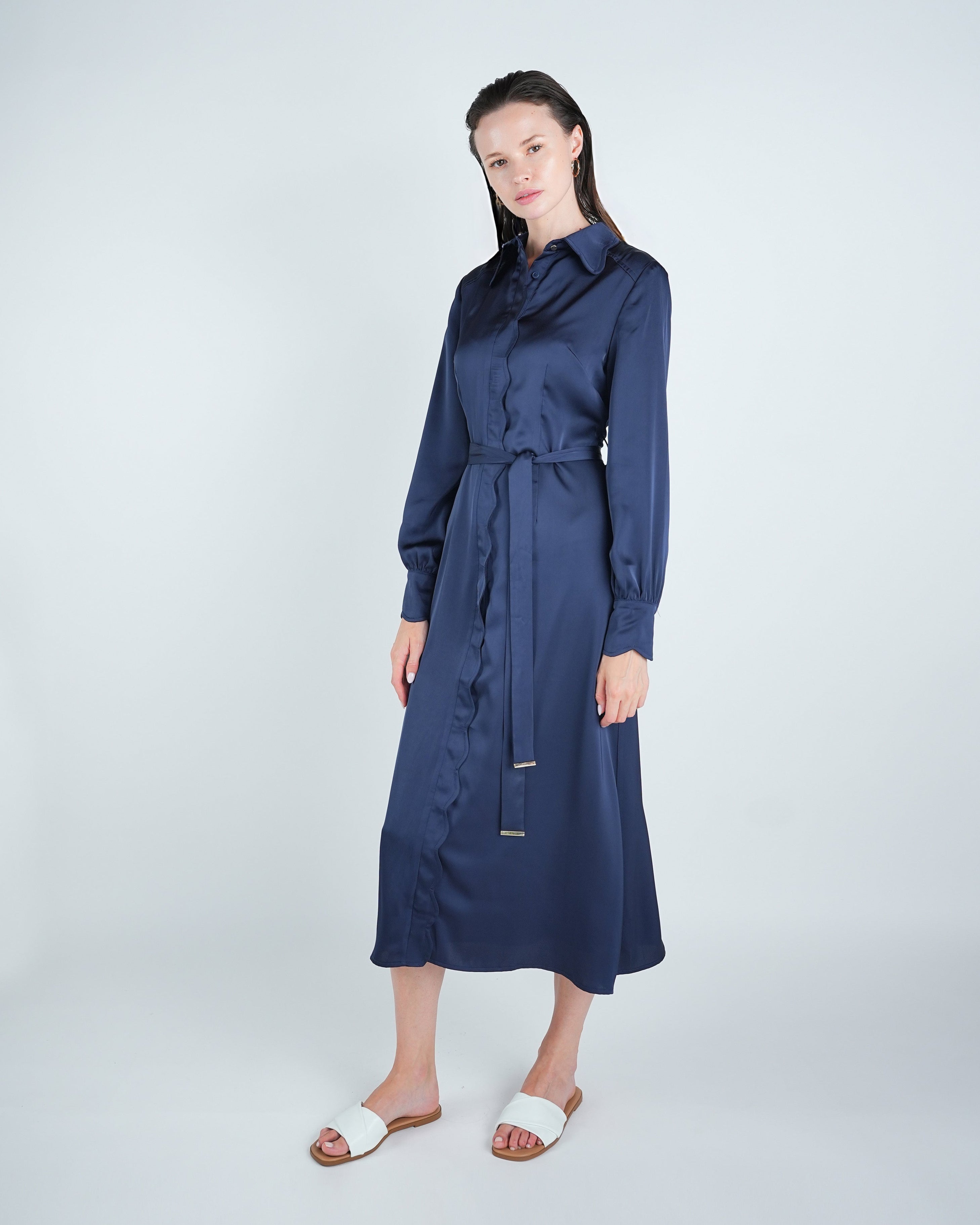 Satin Navy Belted A-Line Midi Dress