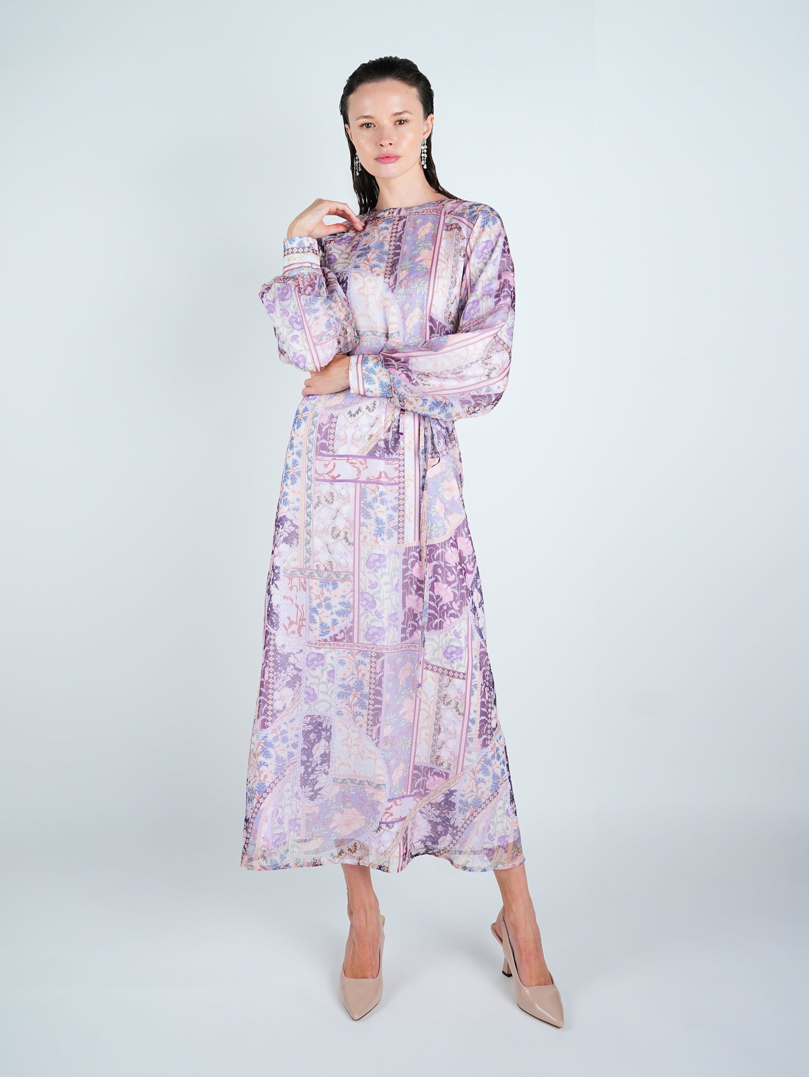 Organza Printed Puff Sleeve Maxi Dress