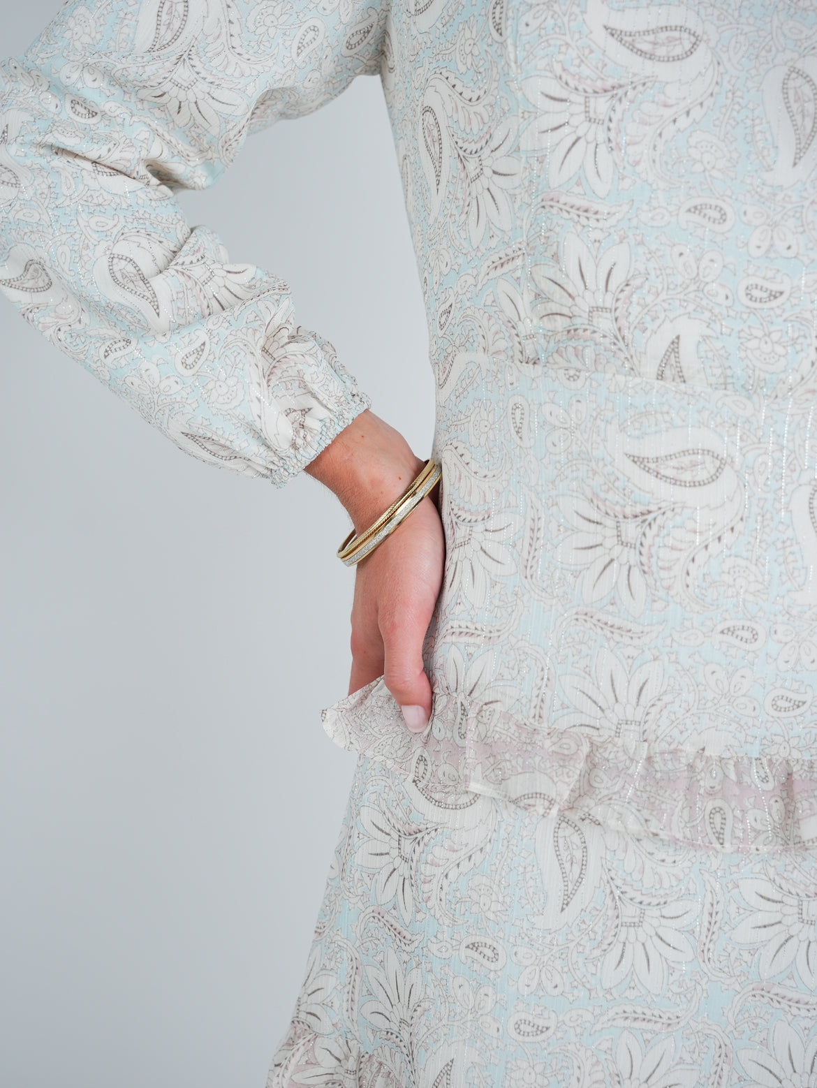 Chiffon Lurex Stripe Paisley Tiered Midi Dress