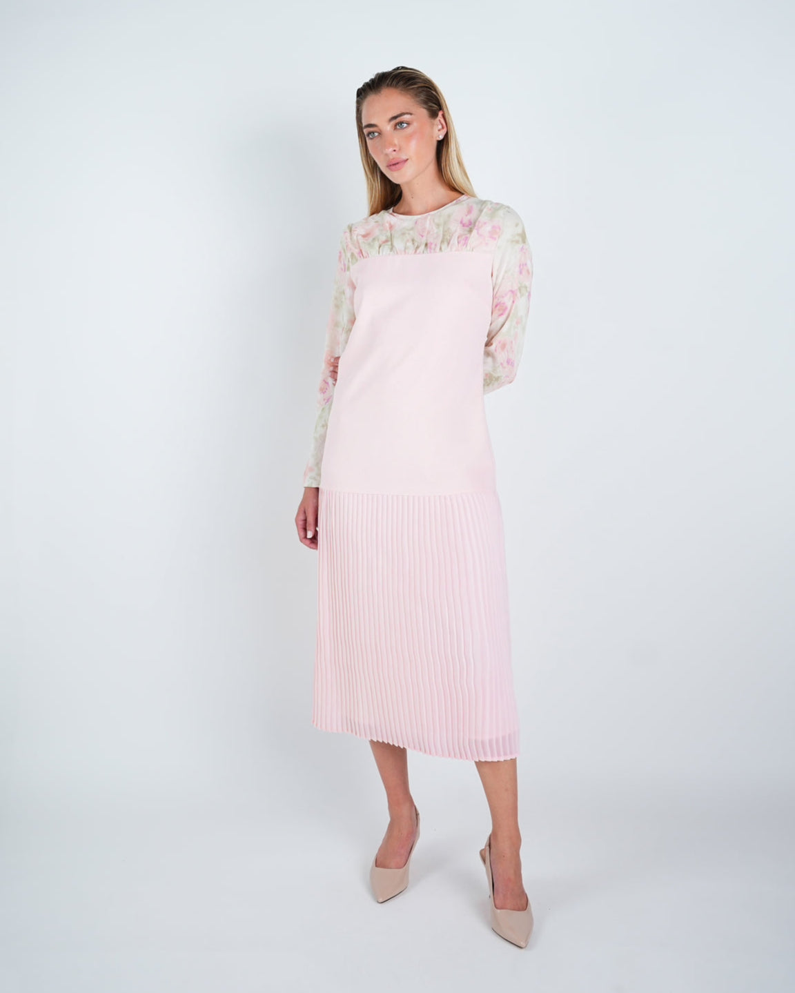 Chiffon Floral Contrast Pleated Midi Dress