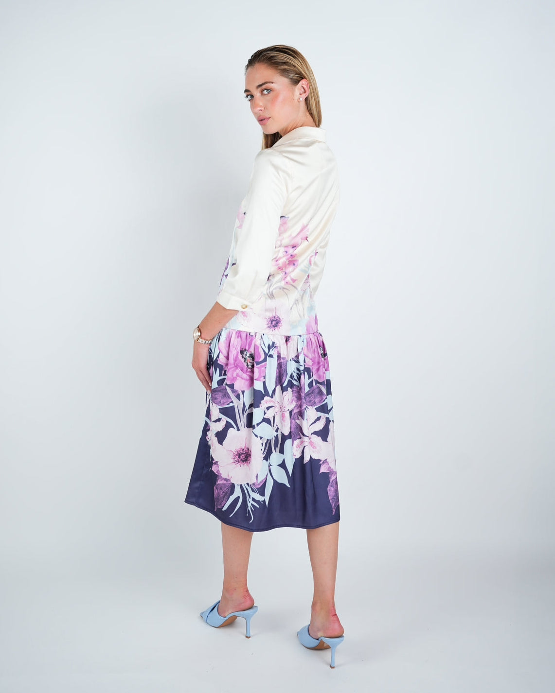 Satin Floral Print Buttoned Midi Dress