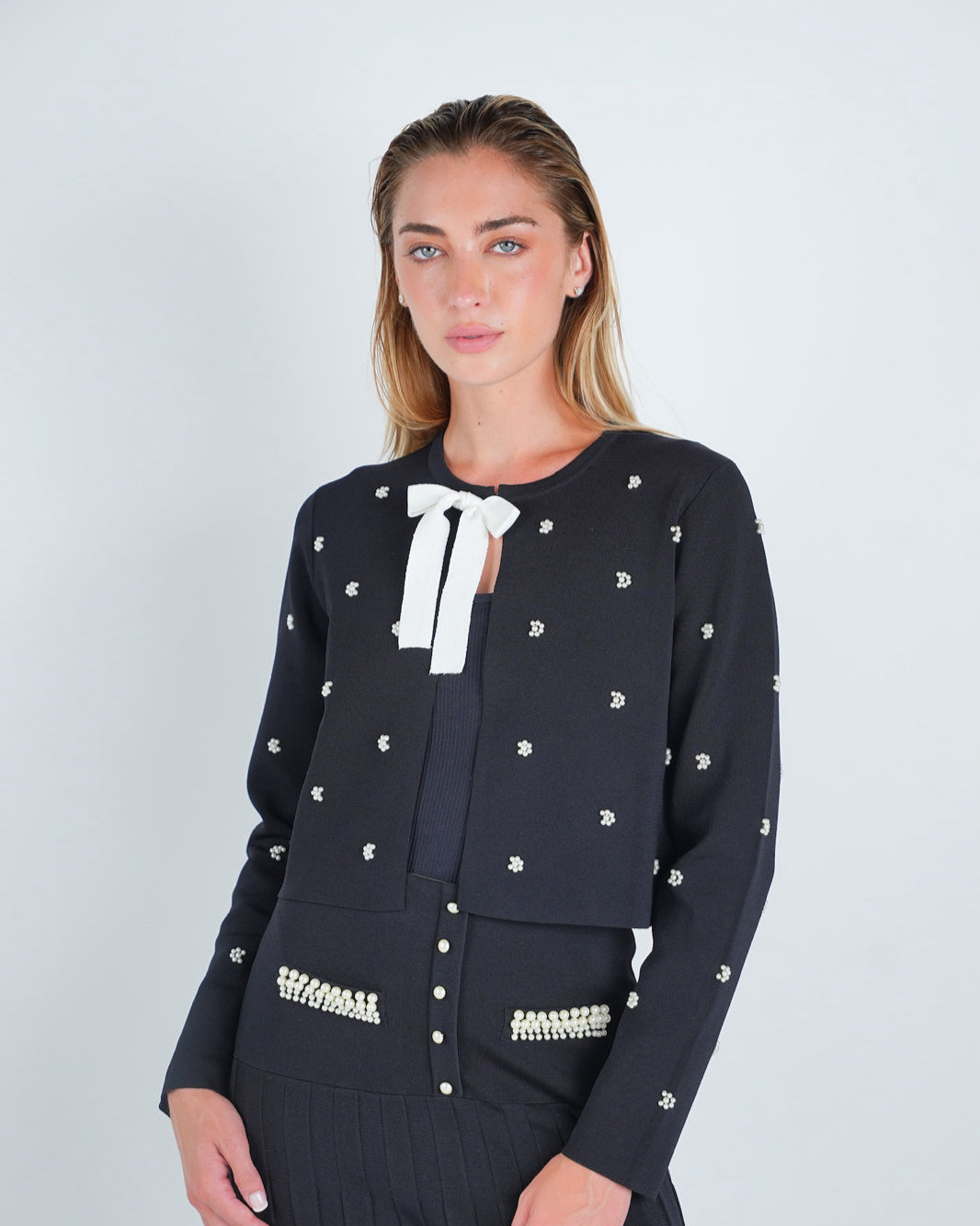 Pearl Embellished Front Tie Knit Cardigan