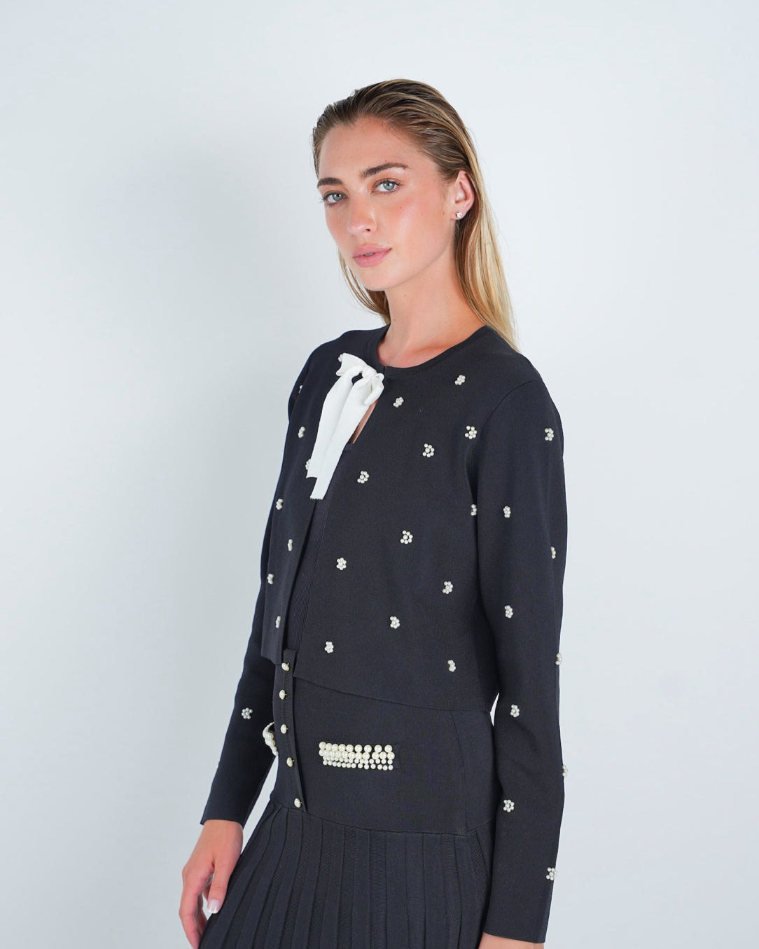 Pearl Embellished Front Tie Knit Cardigan