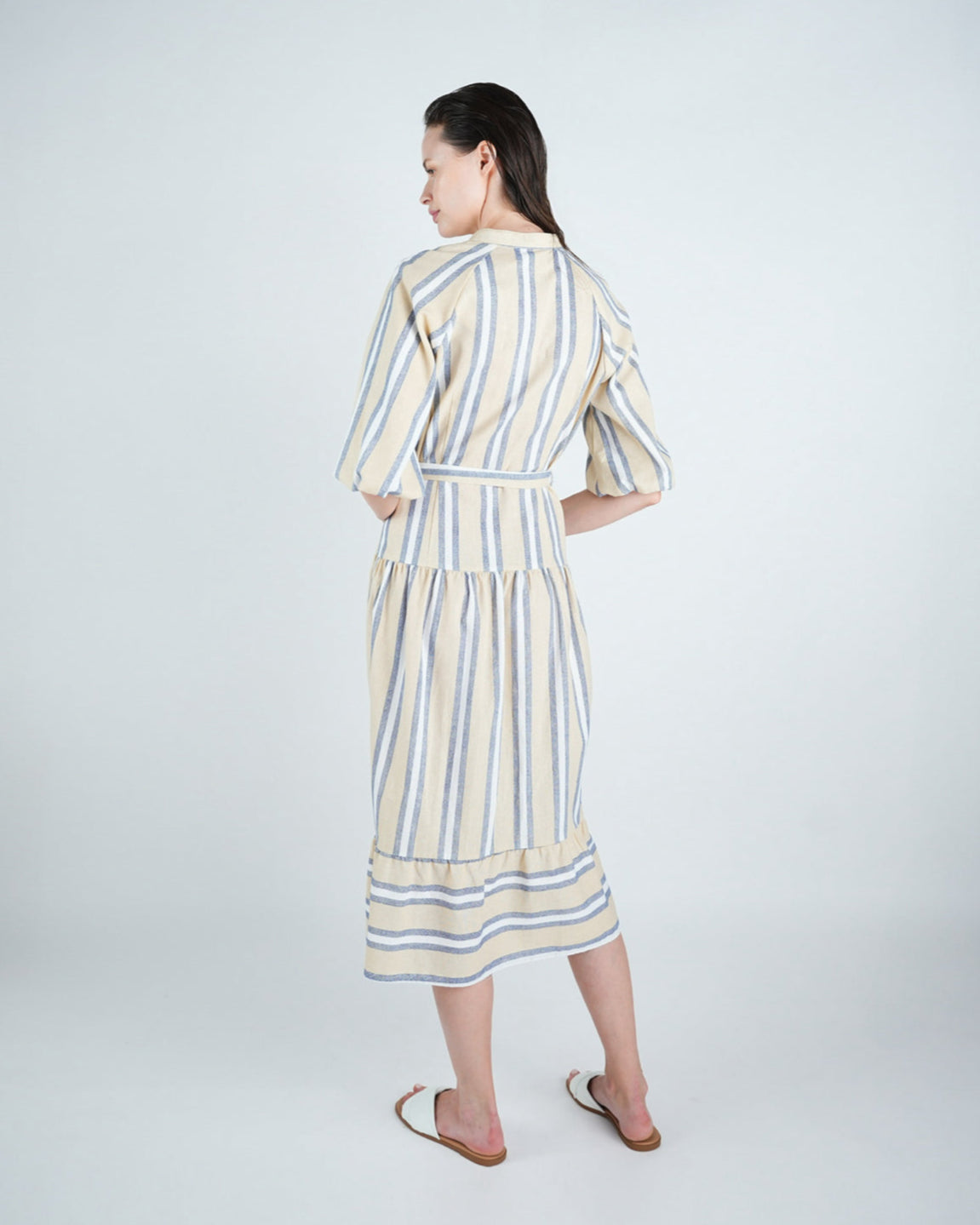 Striped Belted Puff Sleeve Midi Dress