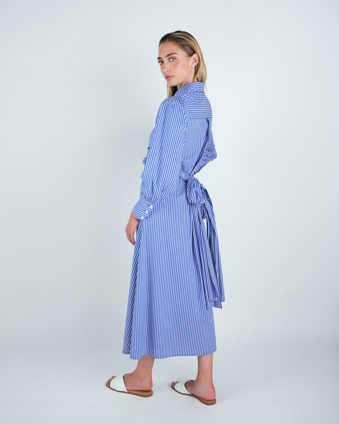 Cotton Stripped Criss-Cross Midi Shirt Dress