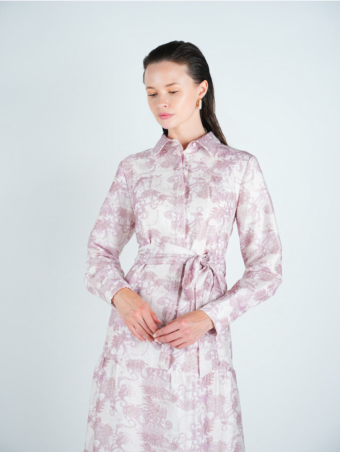Abstract Belted Tiered Shirt Dress