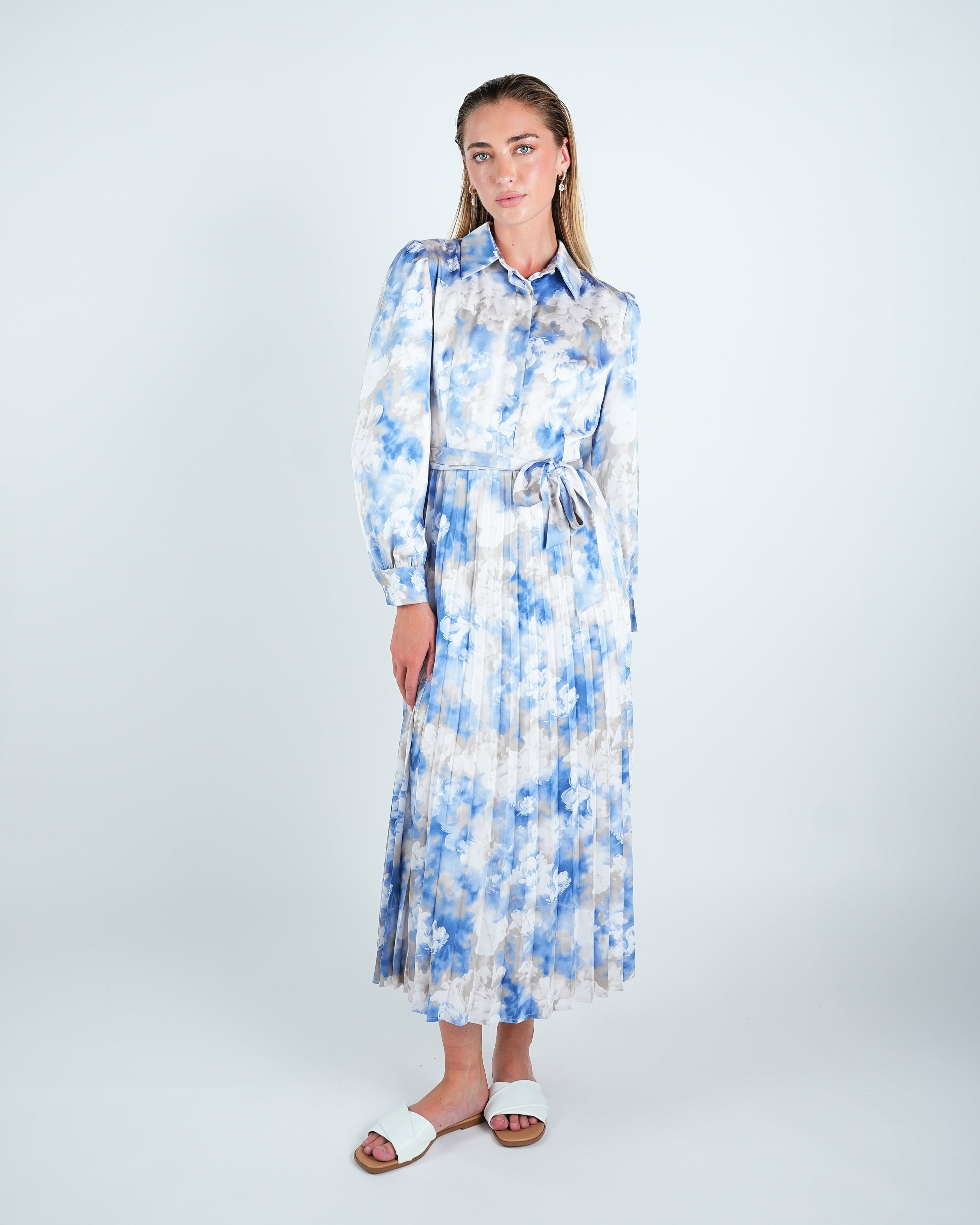 Satin Printed Pleated Shirt Dress