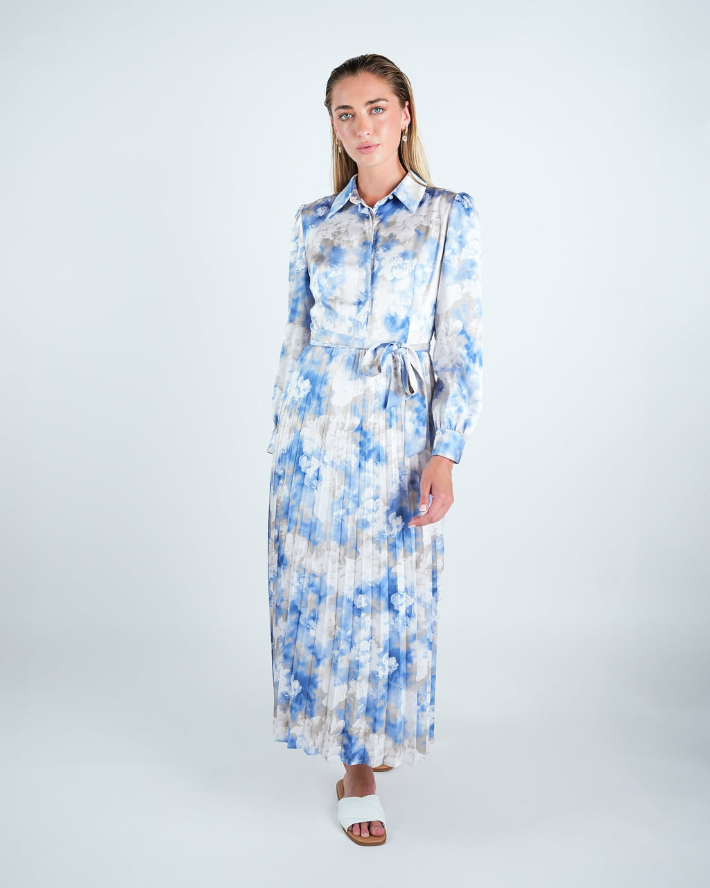 Satin Printed Pleated Shirt Dress