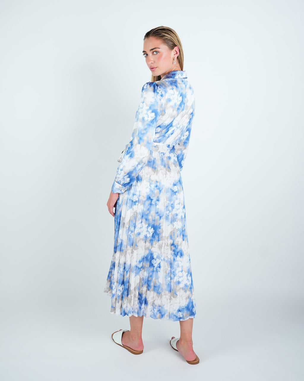 Satin Printed Pleated Shirt Dress