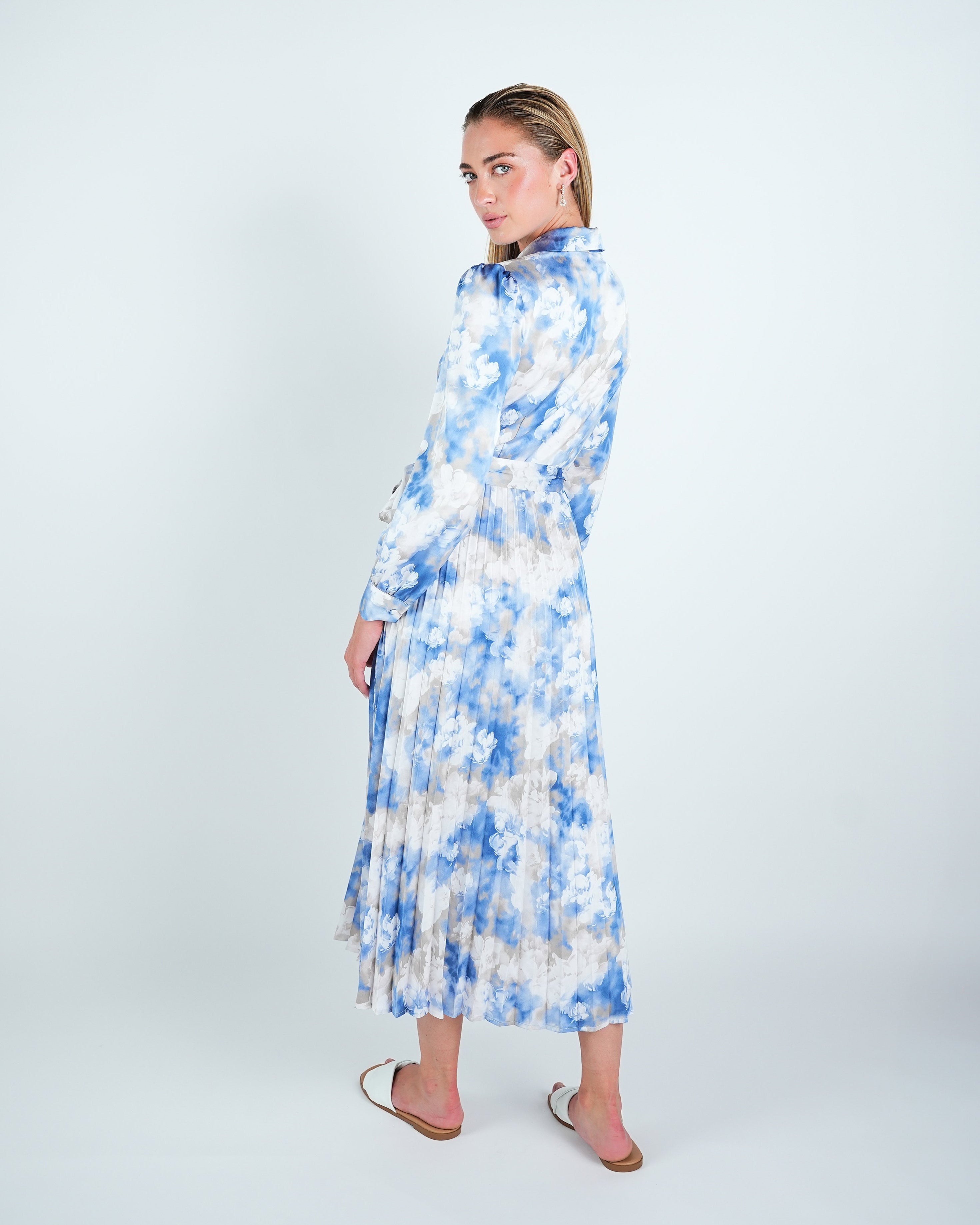Satin Printed Pleated Shirt Dress