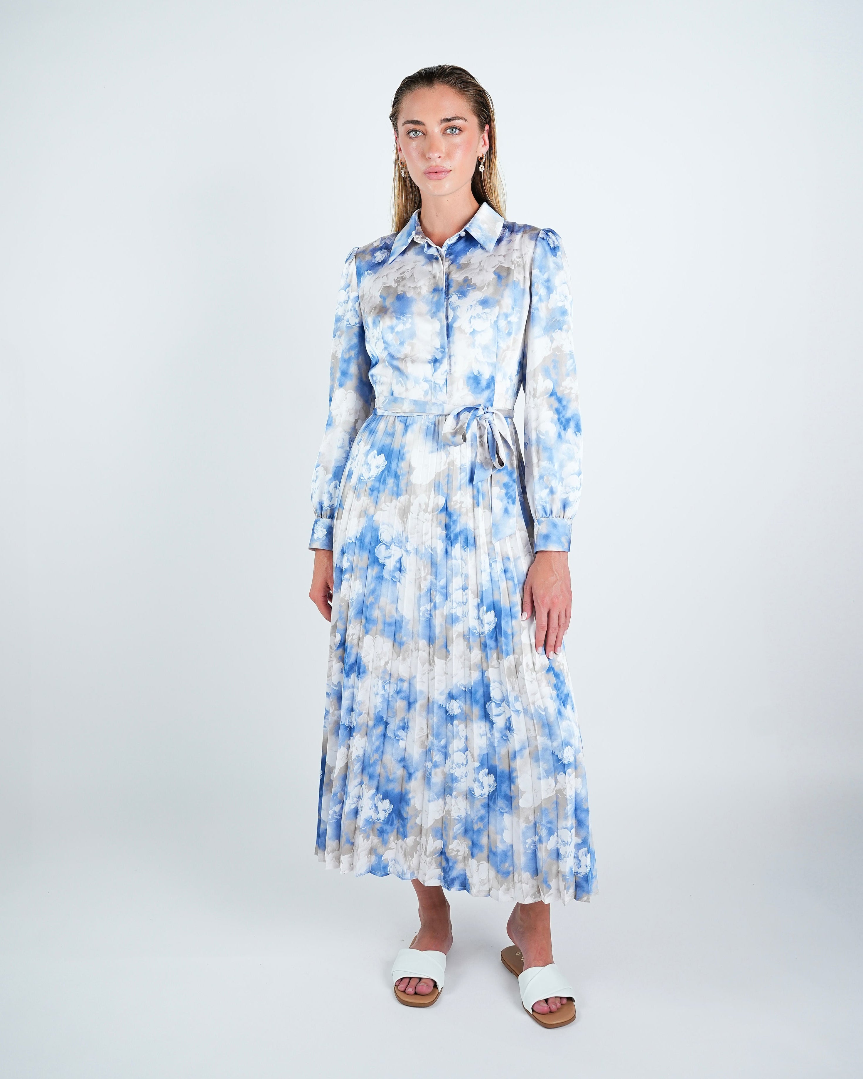 Satin Printed Pleated Shirt Dress