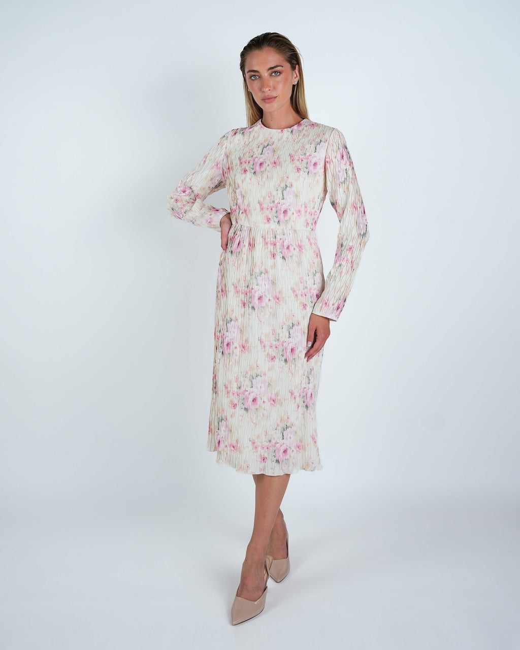 Plisse Floral Midi Sheath Dress