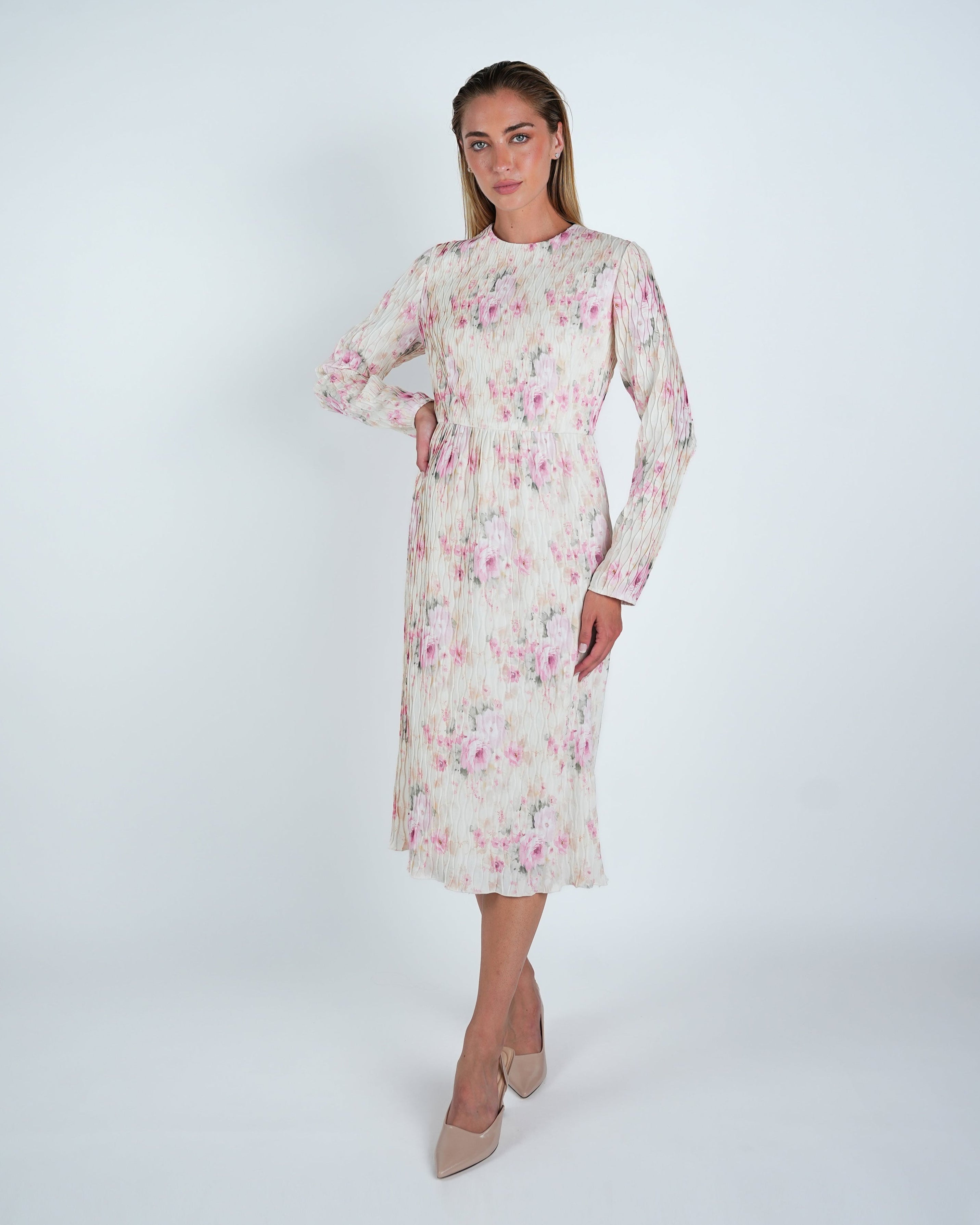 Plisse Floral Midi Sheath Dress