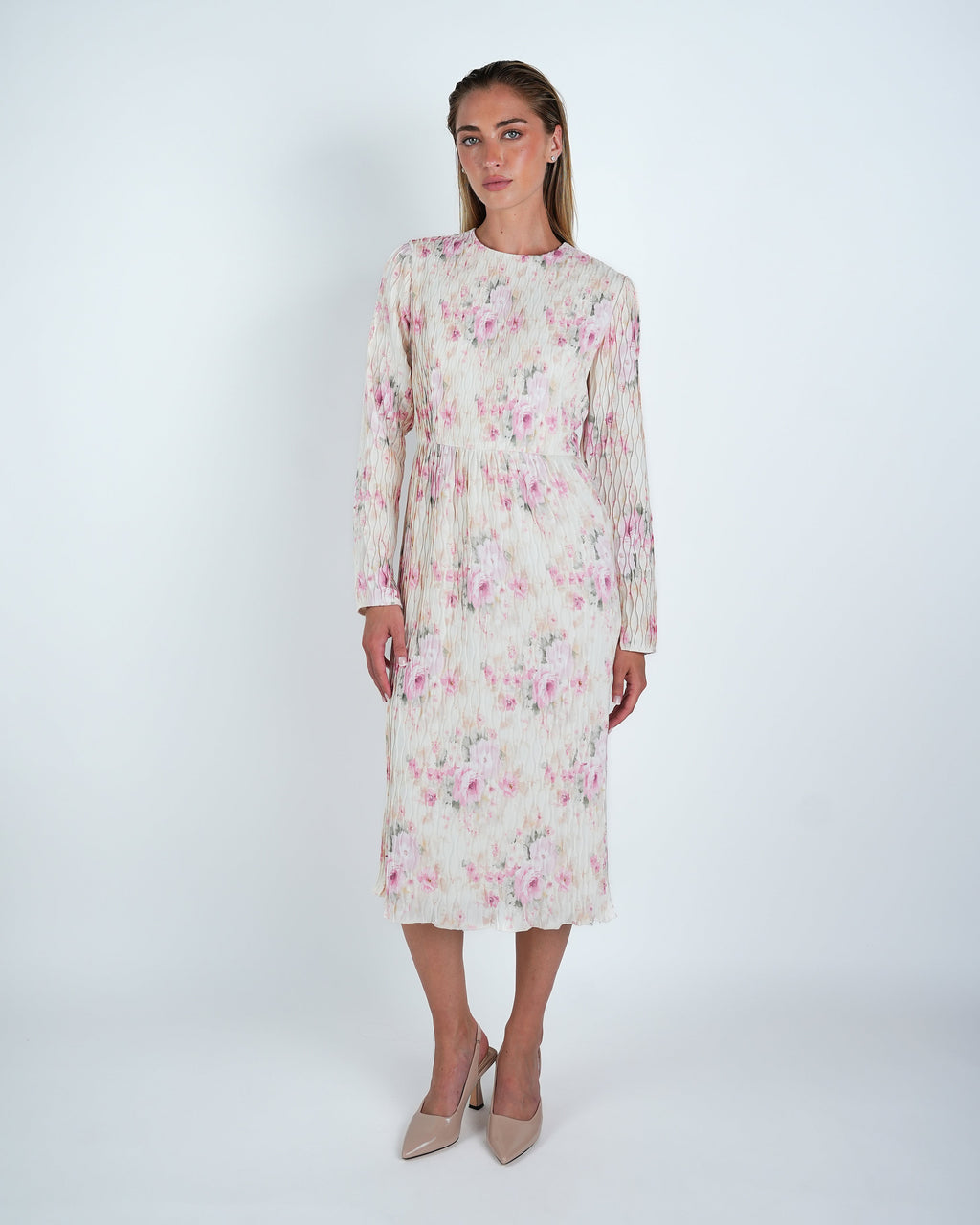 Plisse Floral Midi Sheath Dress