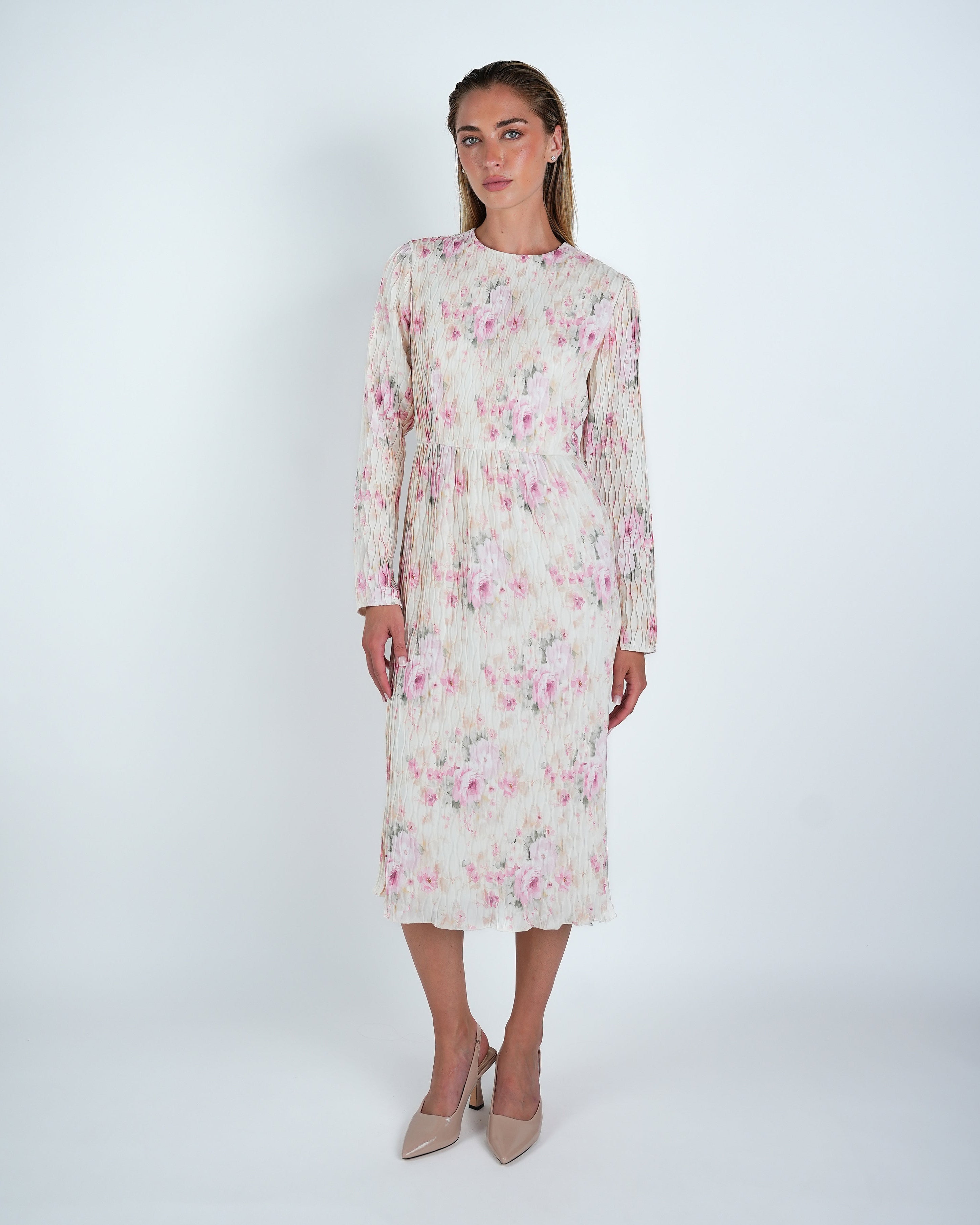 Plisse Floral Midi Sheath Dress