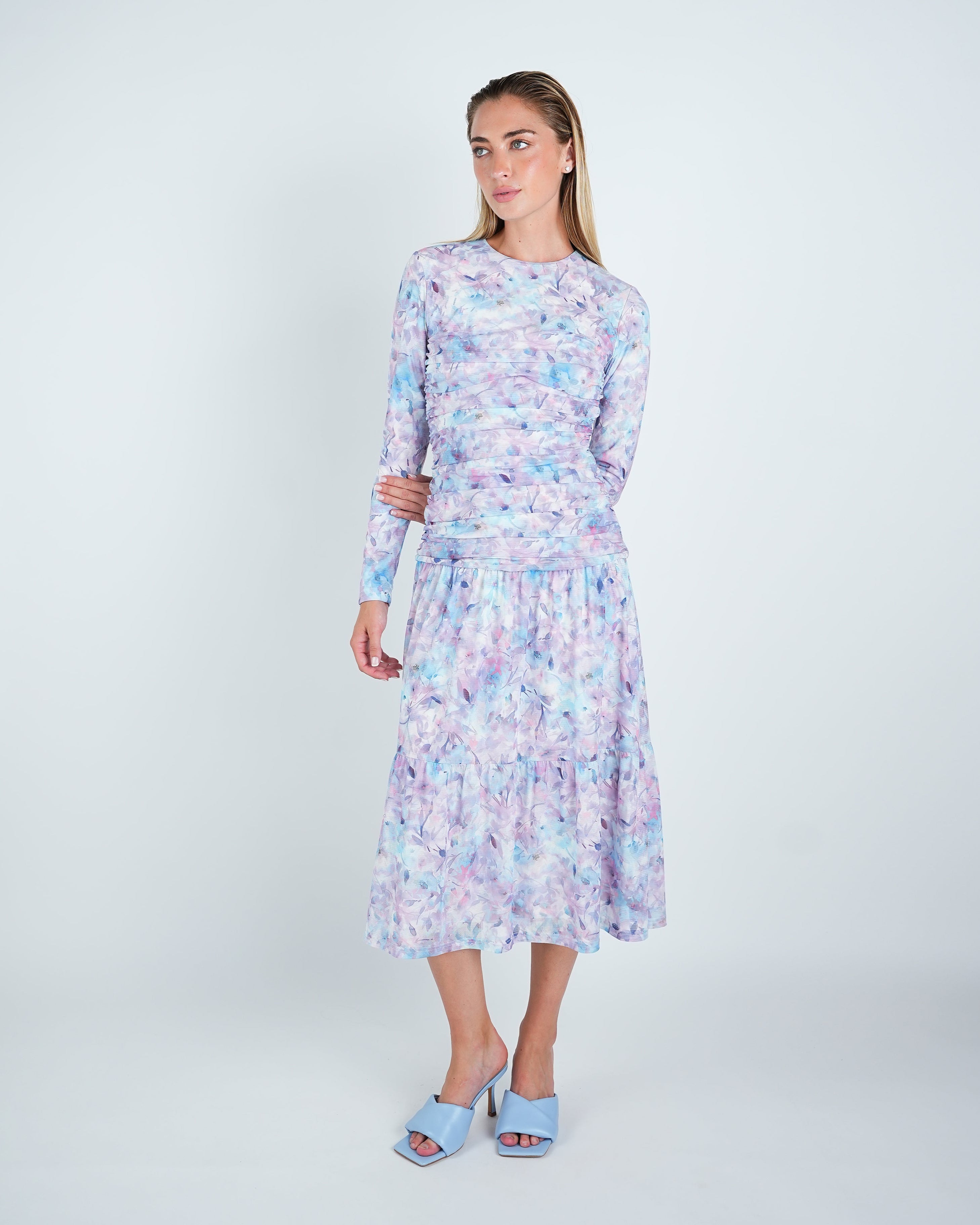Mesh Floral Ruched Midi Dress