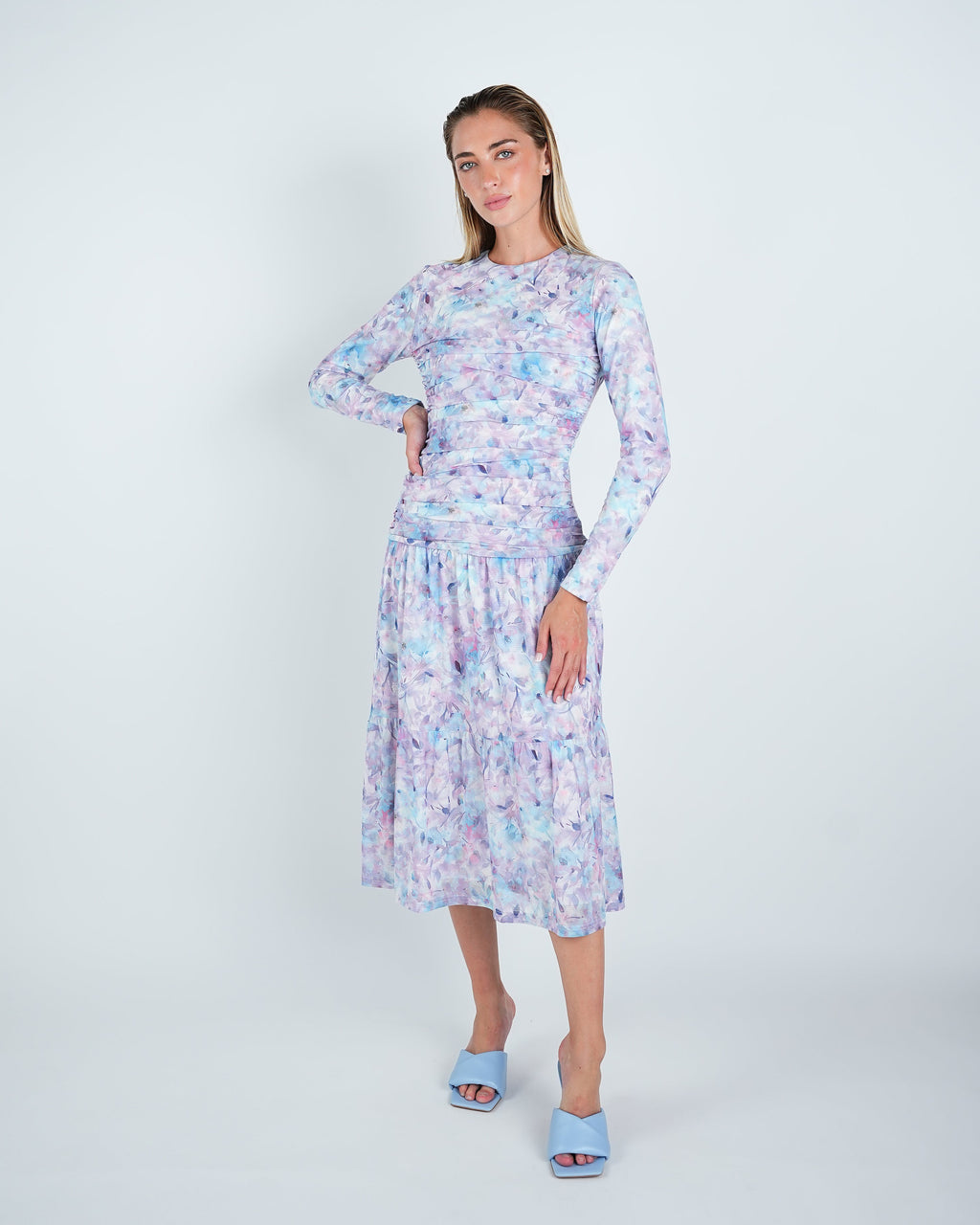 Mesh Floral Ruched Midi Dress