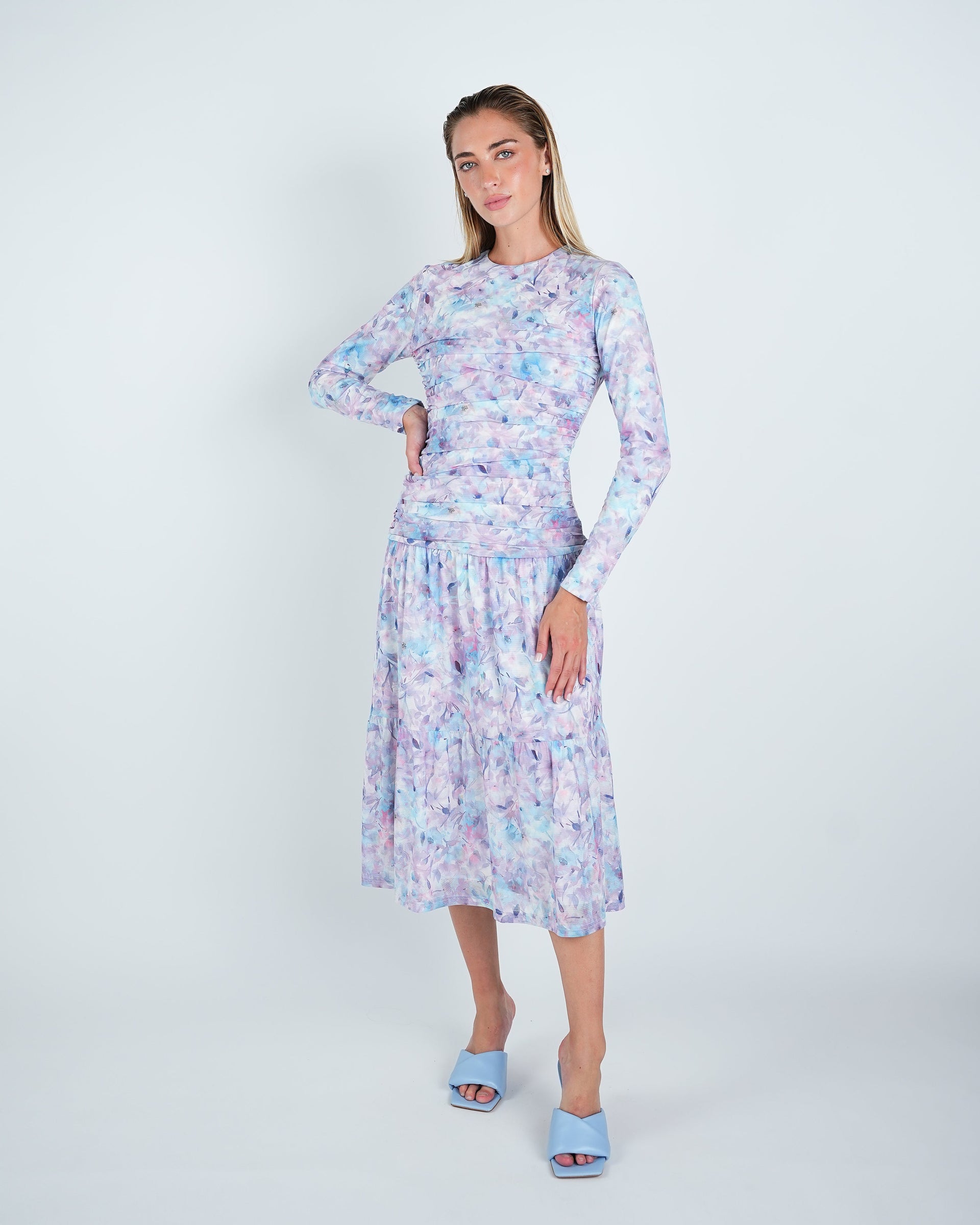 mesh floral ruched midi dress Black Floral Mesh Ruched Long Sleeve Midi Dress