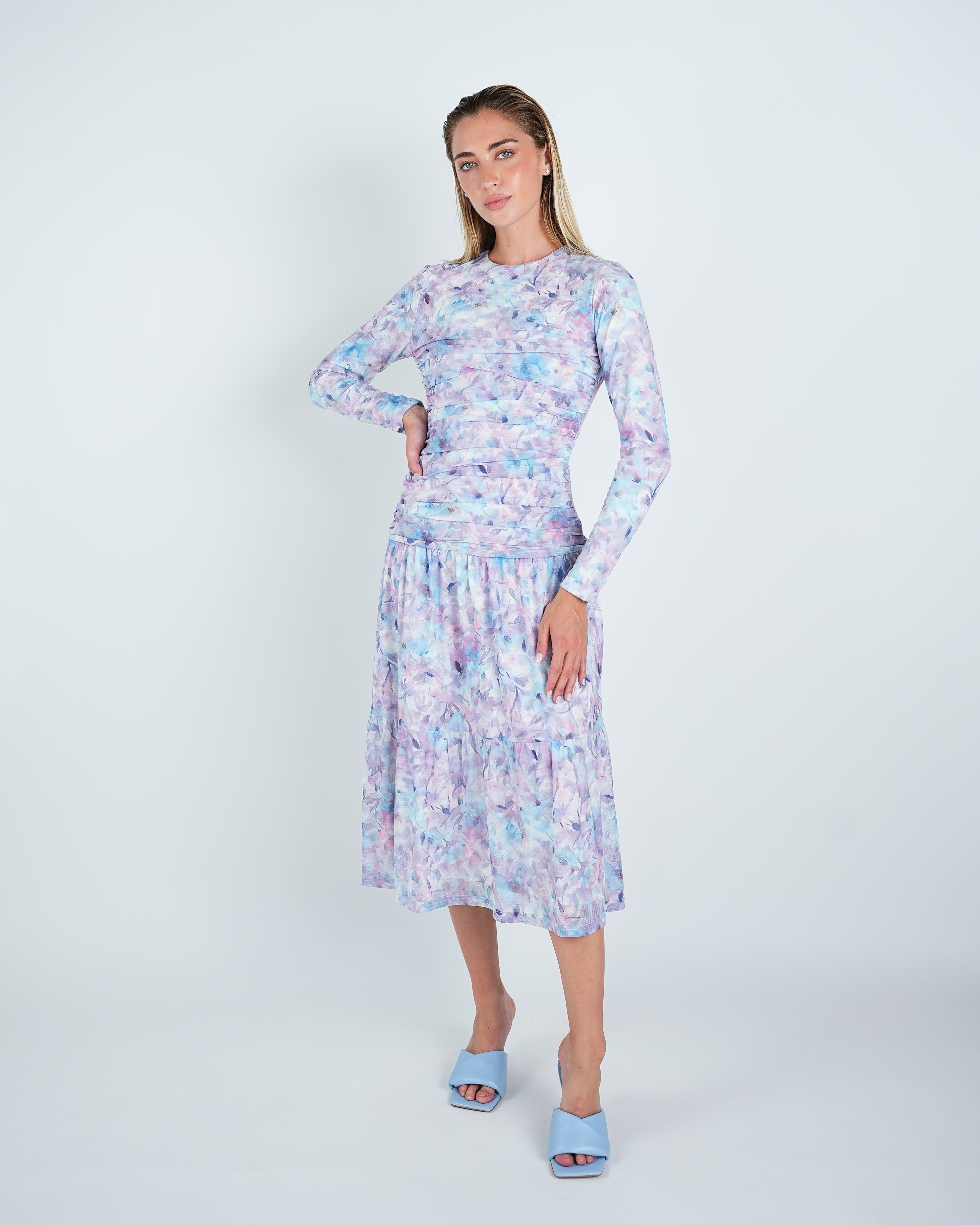 Mesh Floral Ruched Midi Dress