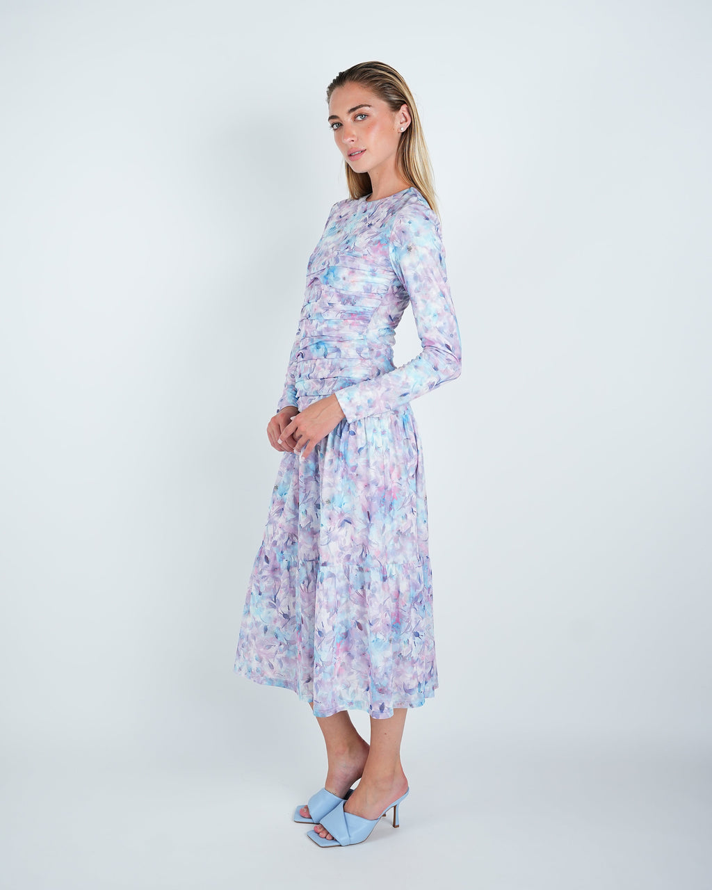 Mesh Floral Ruched Midi Dress