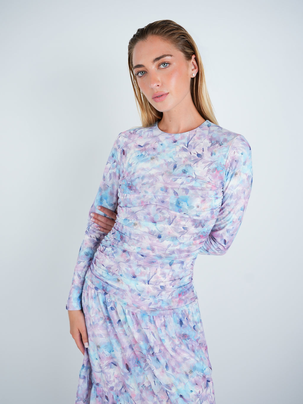 Mesh Floral Ruched Midi Dress