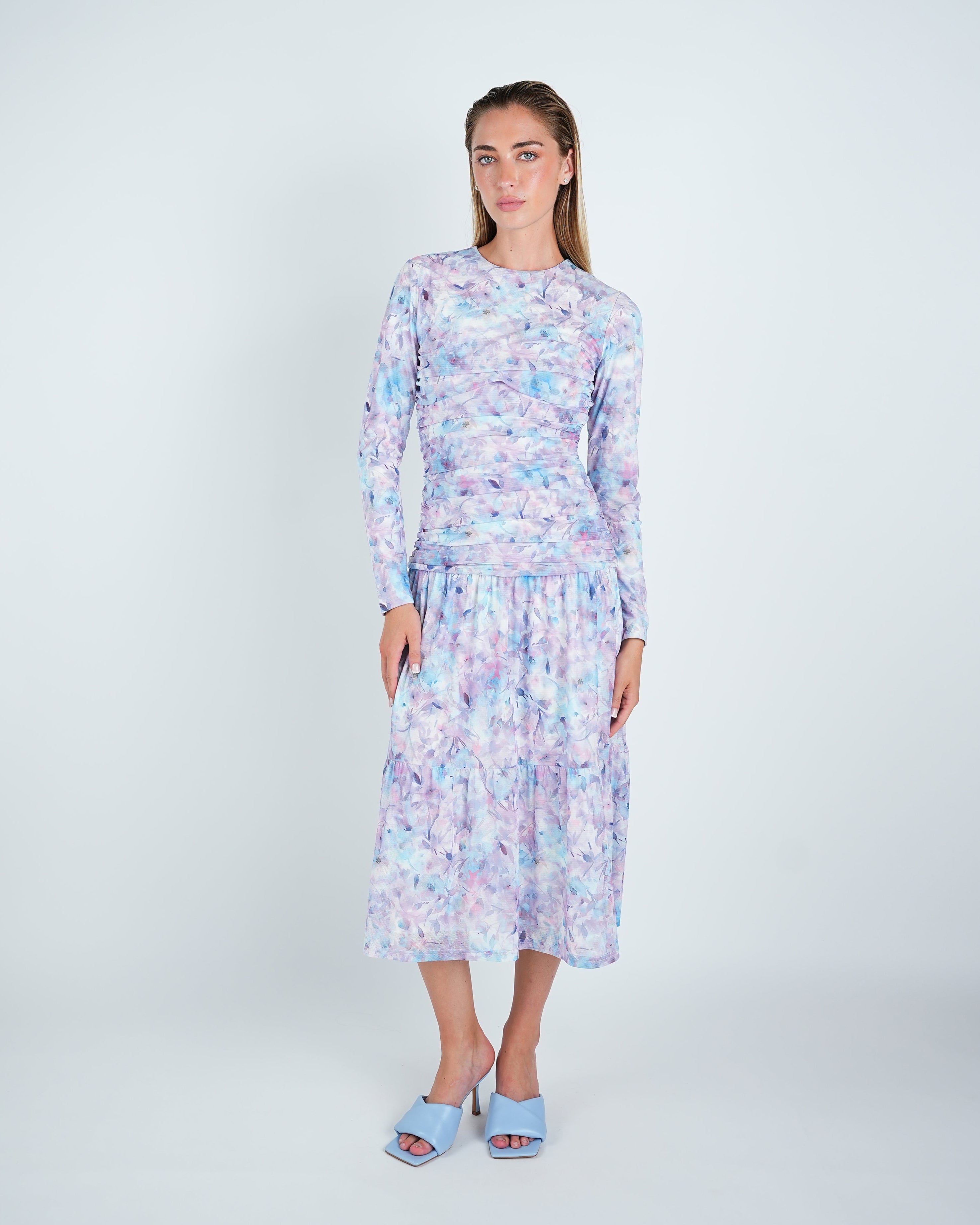 Mesh Floral Ruched Midi Dress