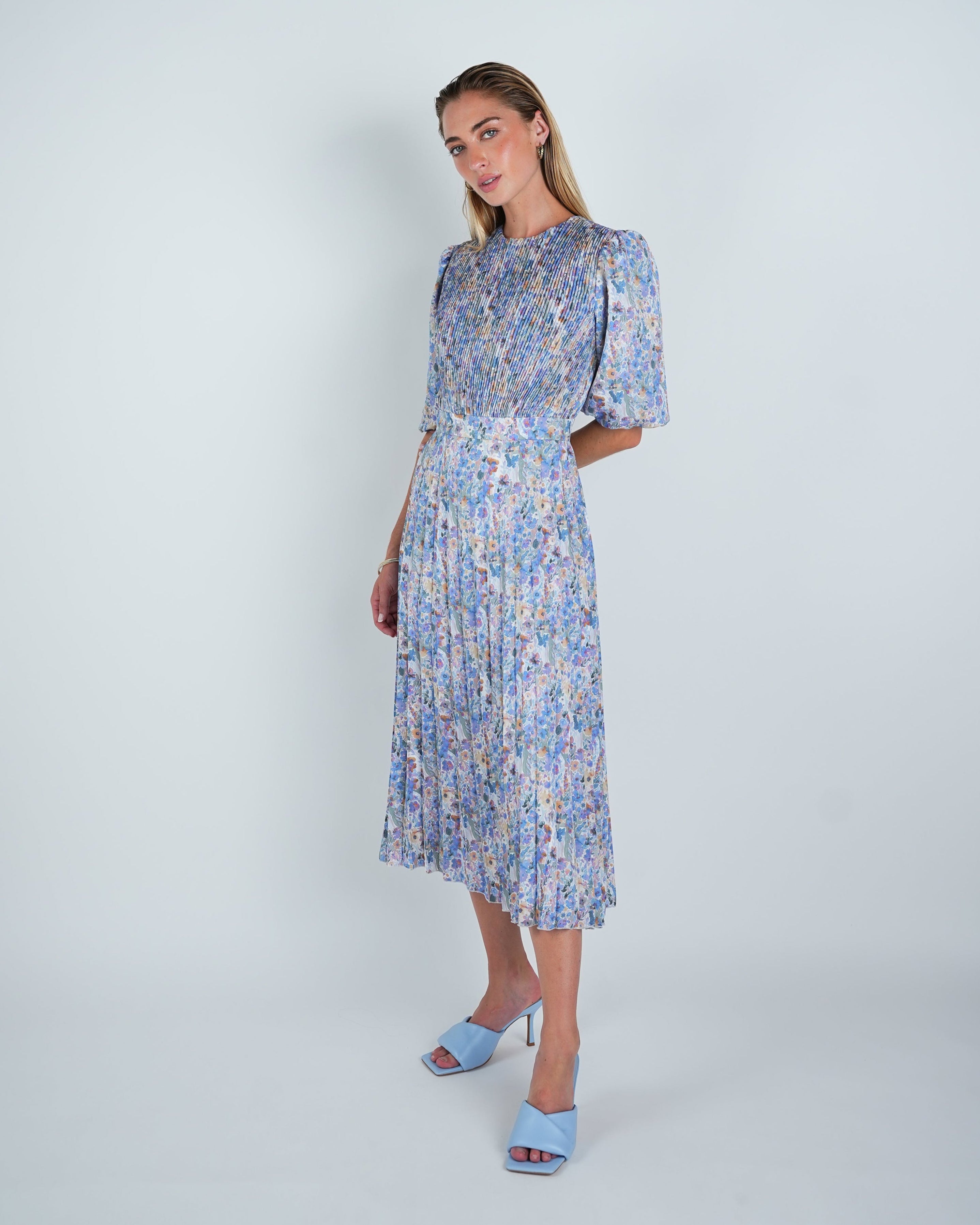 Multi Floral Pleated Midi Dress