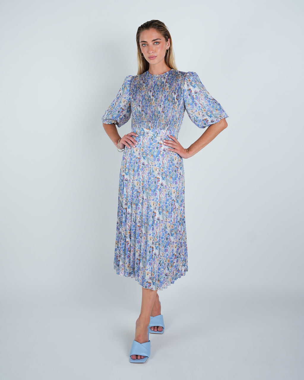 Multi Floral Pleated Midi Dress