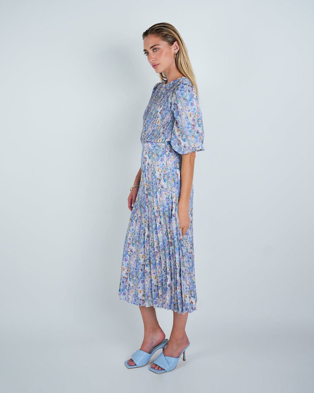 Multi Floral Pleated Midi Dress